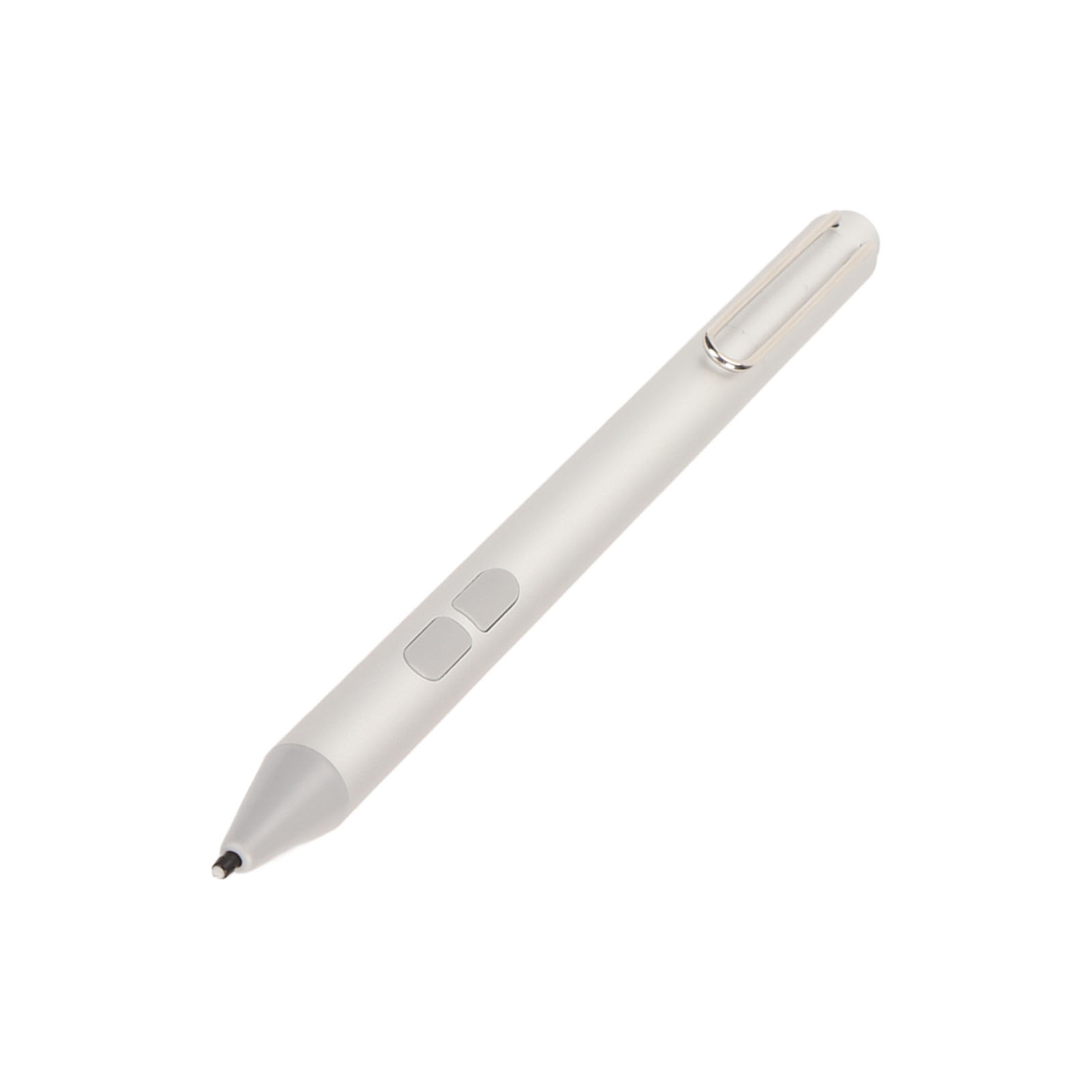 Ein silberner Stift mit zwei grauen Tasten und einem Clip.