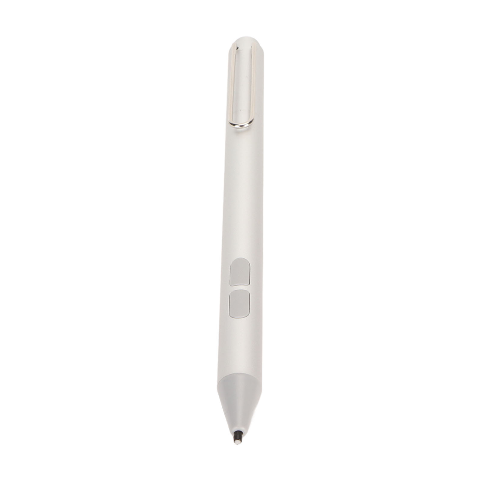 Ein silberner Eingabestift mit zwei Knöpfen und einer Klippbefestigung.