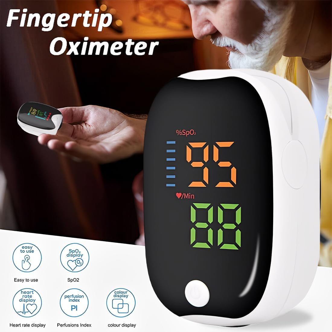 Ein Fingerpulsoximeter zeigt 95% SpO2 und 88 Schläge/Minute an.