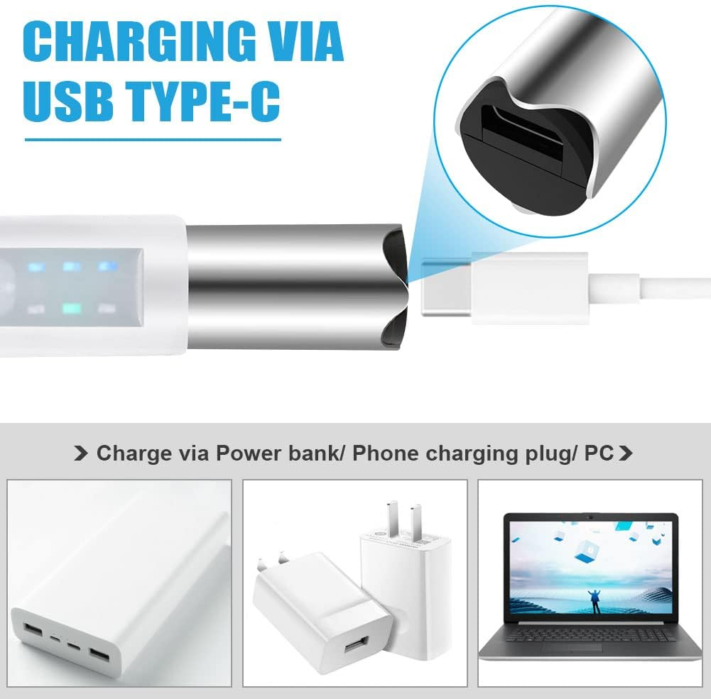 Ein USB-C-Kabel wird in ein Ladegerät gesteckt, daneben sind Powerbank, Netzteil und Laptop.