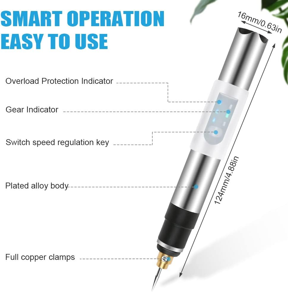Ein silbernes Gravierwerkzeug mit Anzeigen und Messungen, liest 'Smart Operation Easy To Use'.