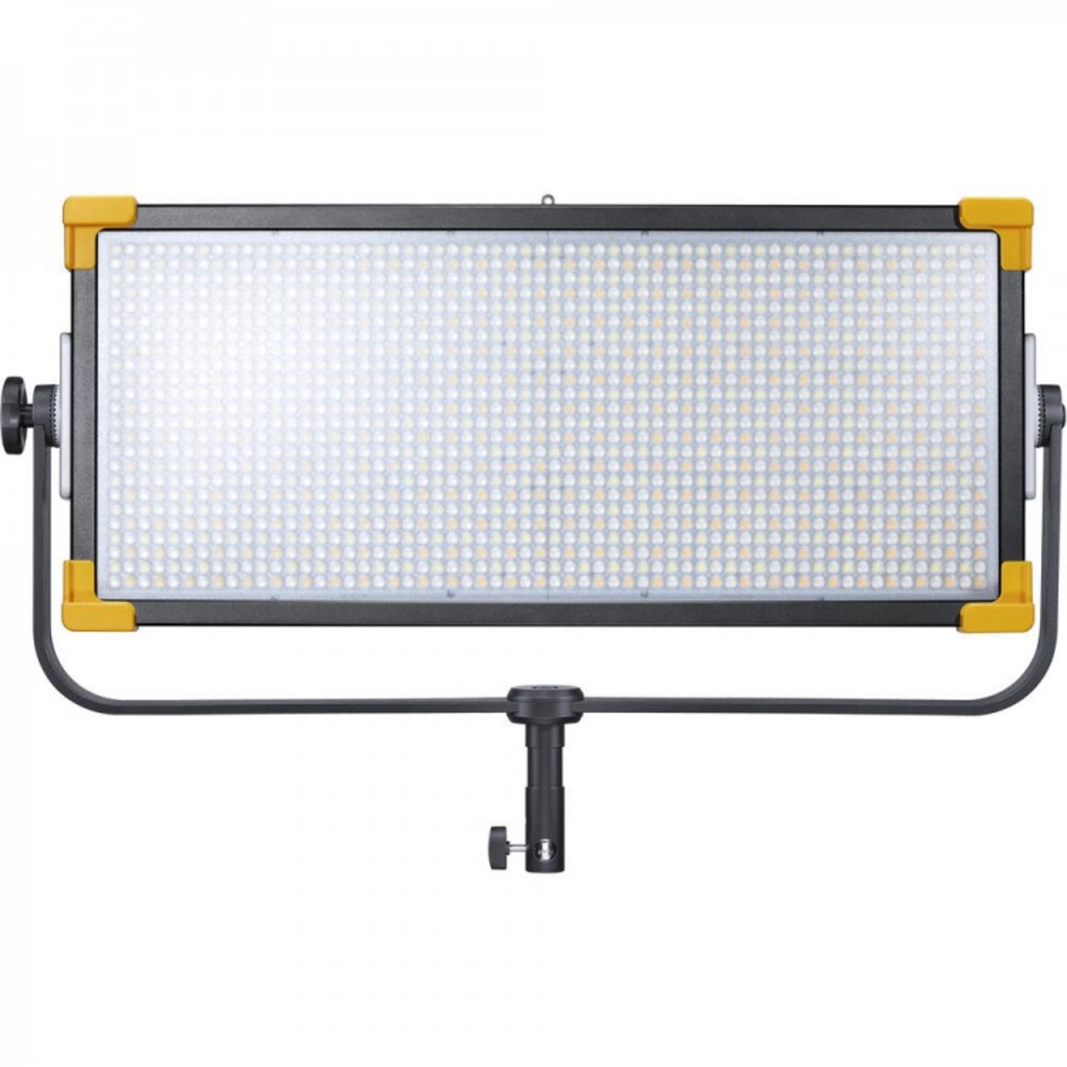 Ein rechteckiges LED-Panel mit gelben Ecken und einem Stativanschluss.