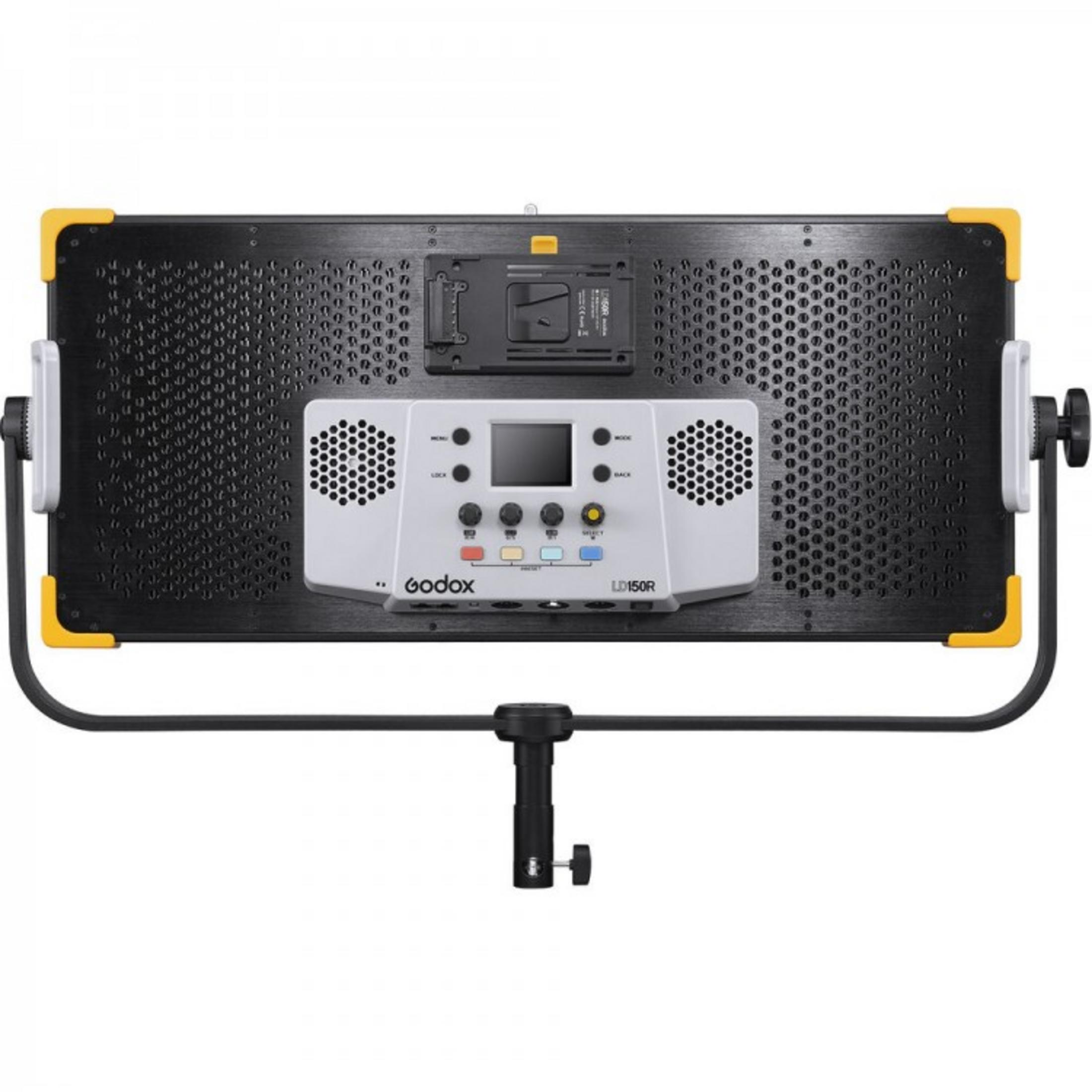 Schwarzes Godox LD150R LED-Panel mit Steuerungsoberfläche und gelben Eckschützern.