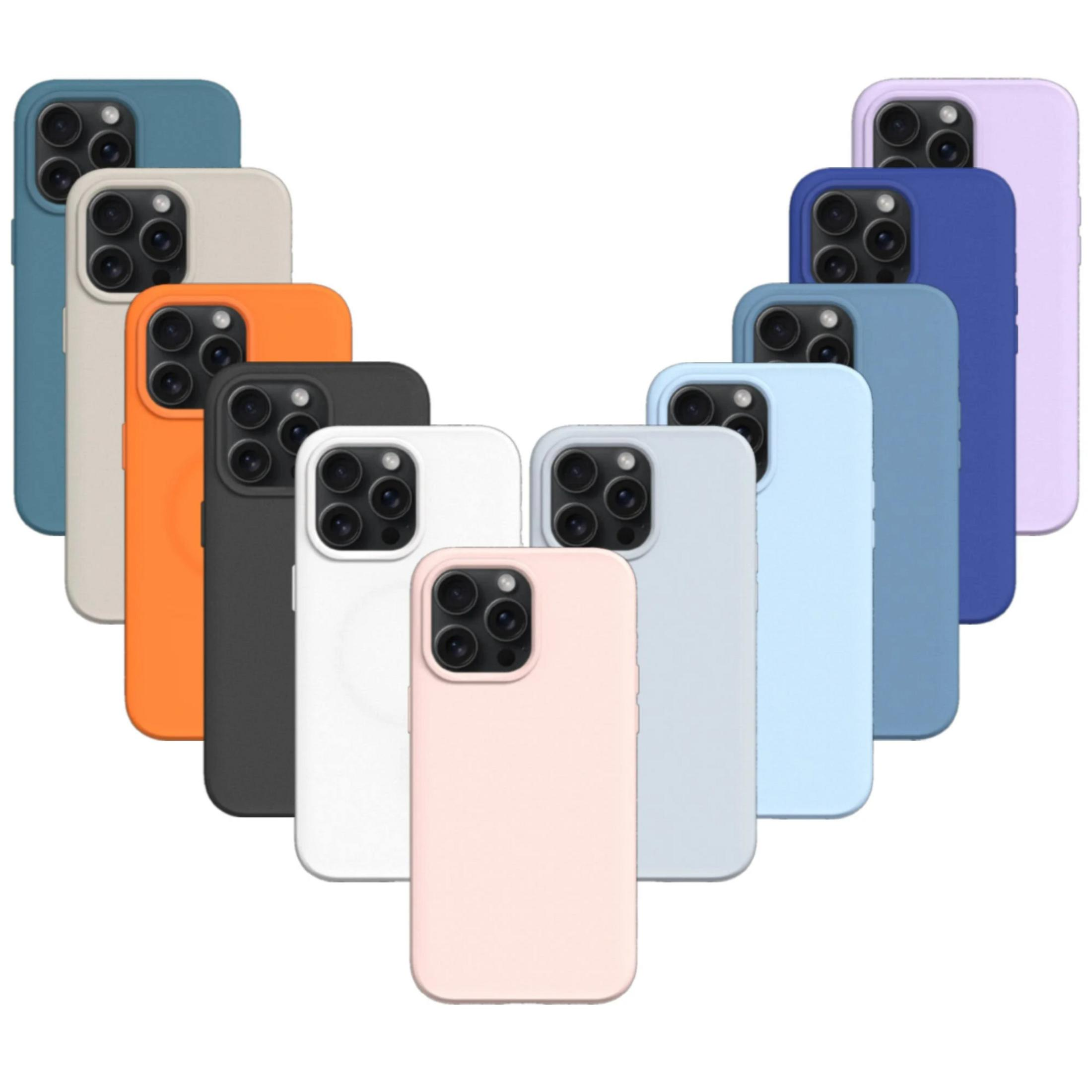 Eine Gruppe von iPhone-Hüllen in verschiedenen Farben auf weißem Hintergrund.
