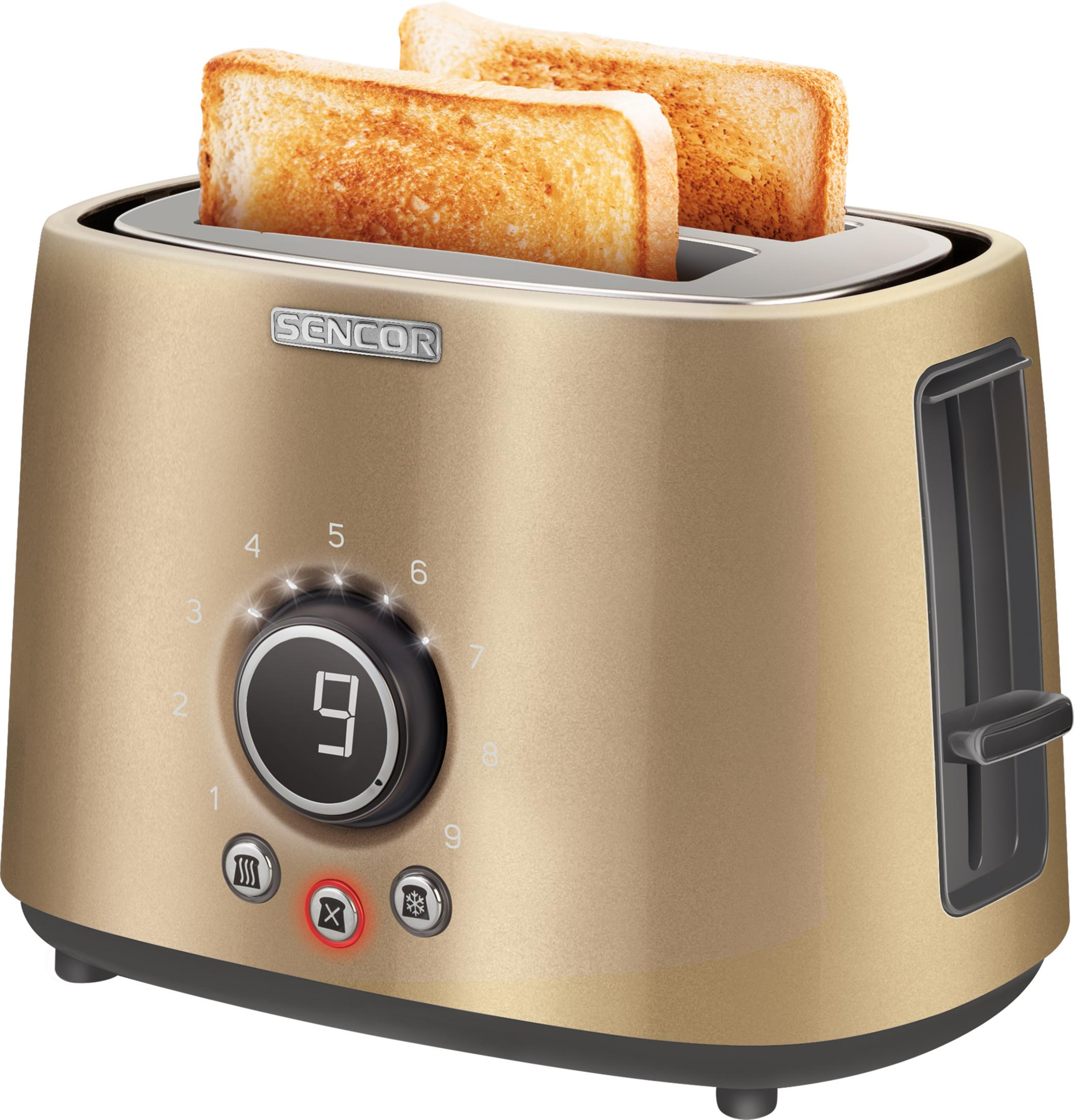 Ein goldener Toaster mit zwei Scheiben Toastbrot.