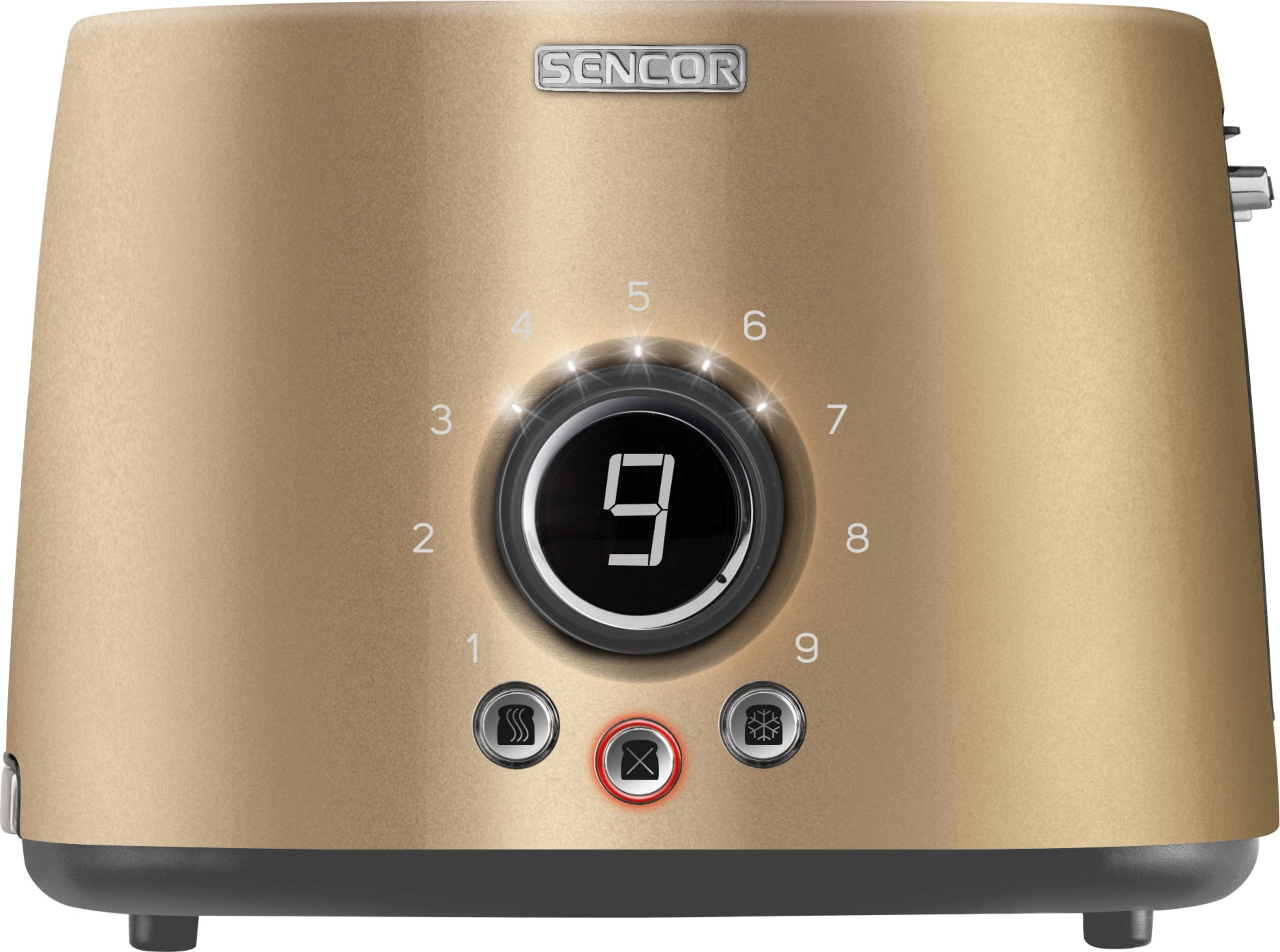 Ein goldener Sencor-Toaster mit Digitalanzeige (9) und Bedientasten.