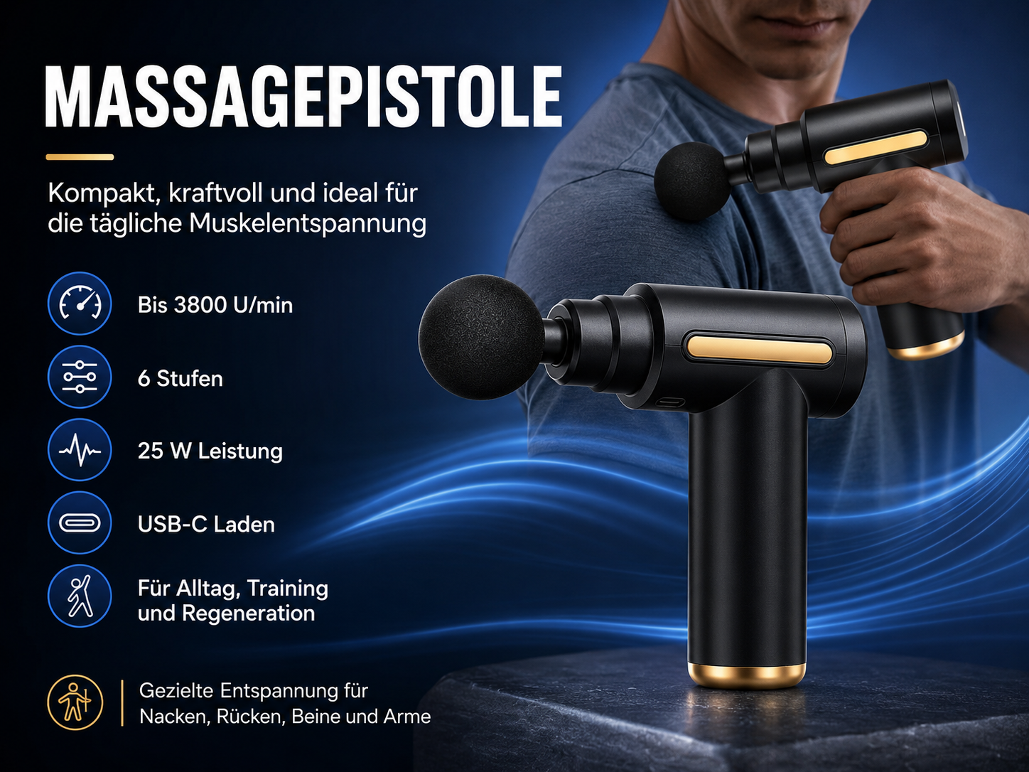 Eine schwarze Massagepistole mit goldenen Akzenten wird von einem Mann gehalten.