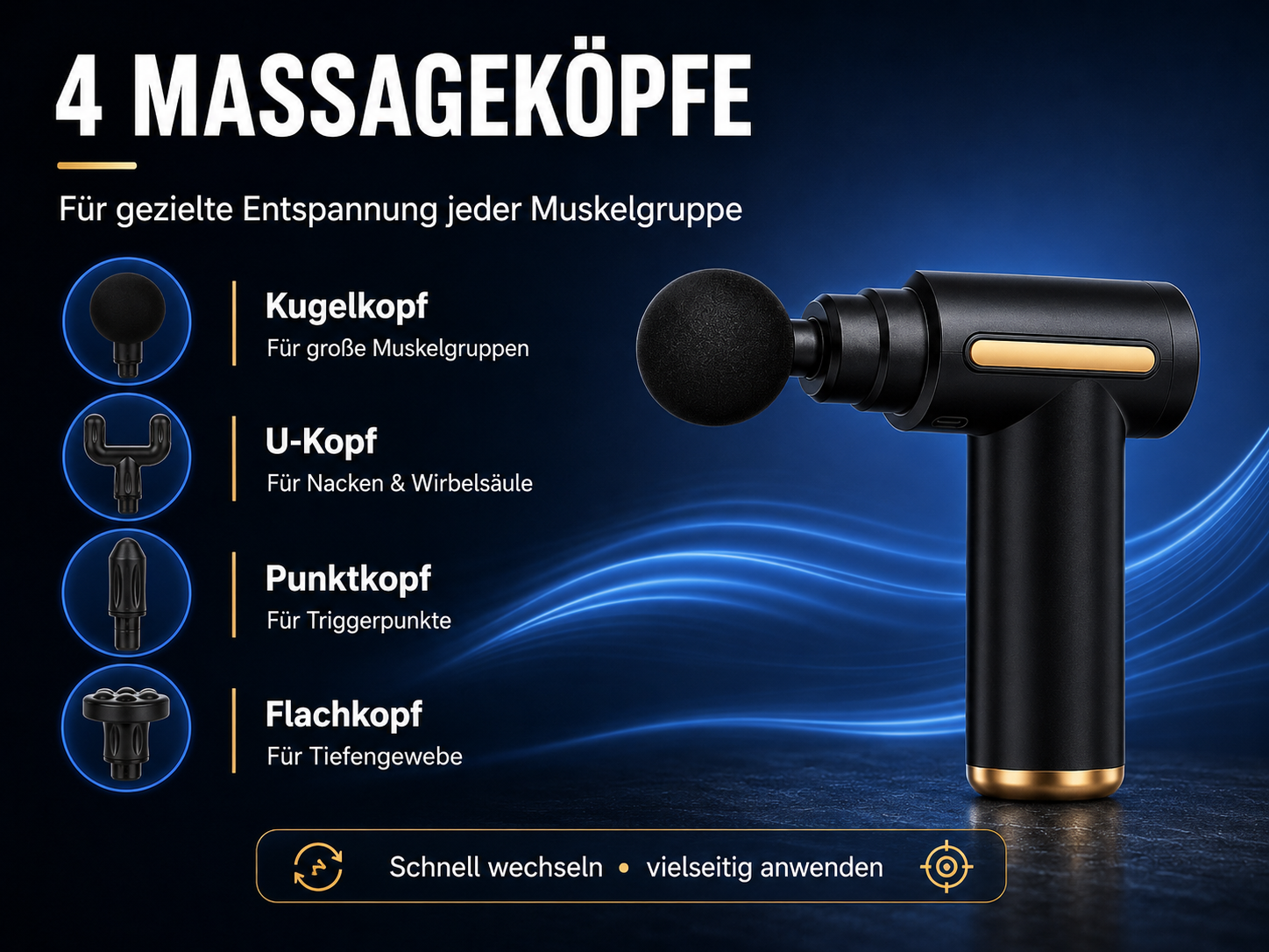Schwarze Massagepistole mit vier Aufsätzen auf blauem Hintergrund.