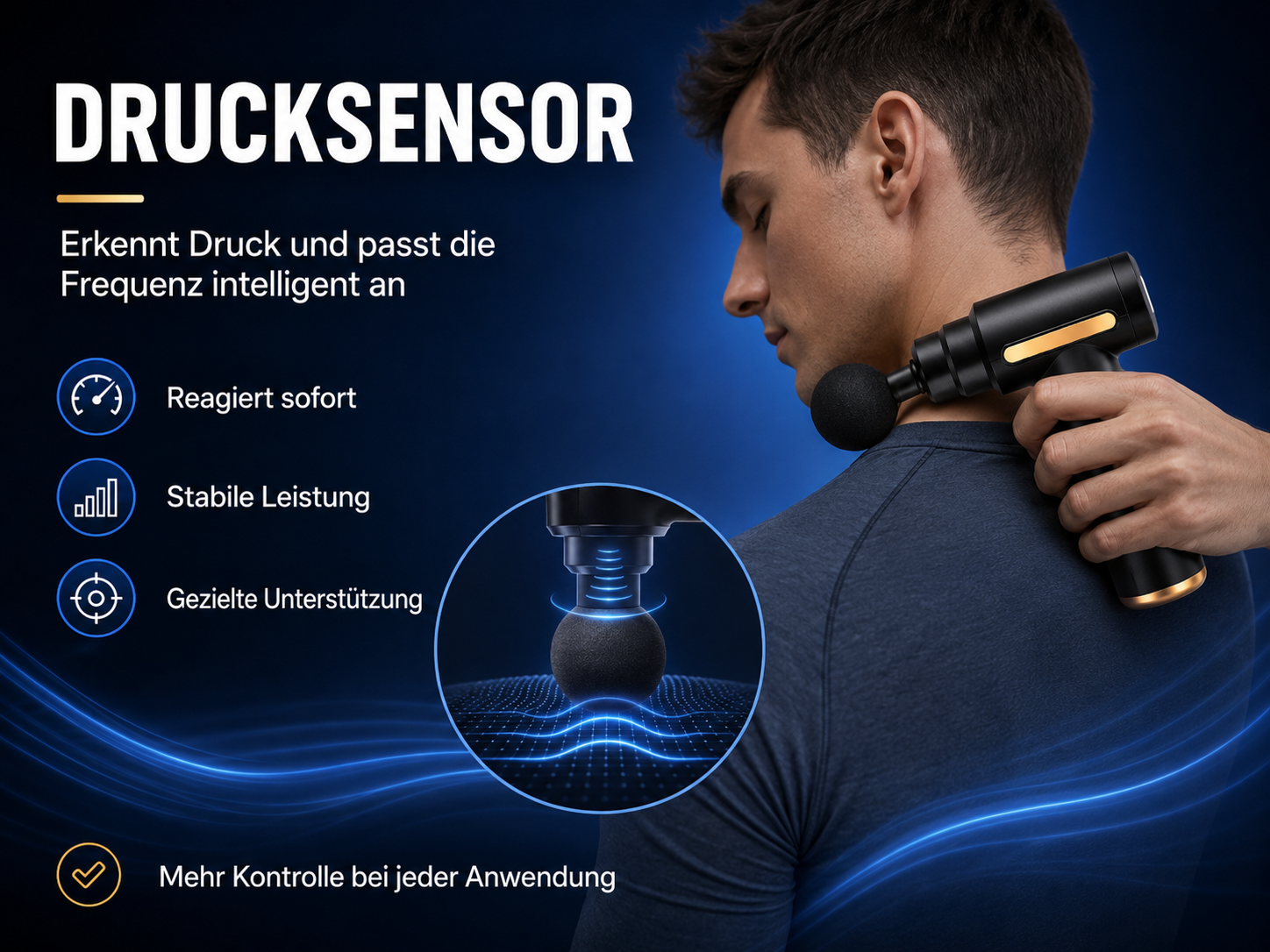 Ein Mann benutzt eine Massagepistole am Nacken. "Drucksensor"