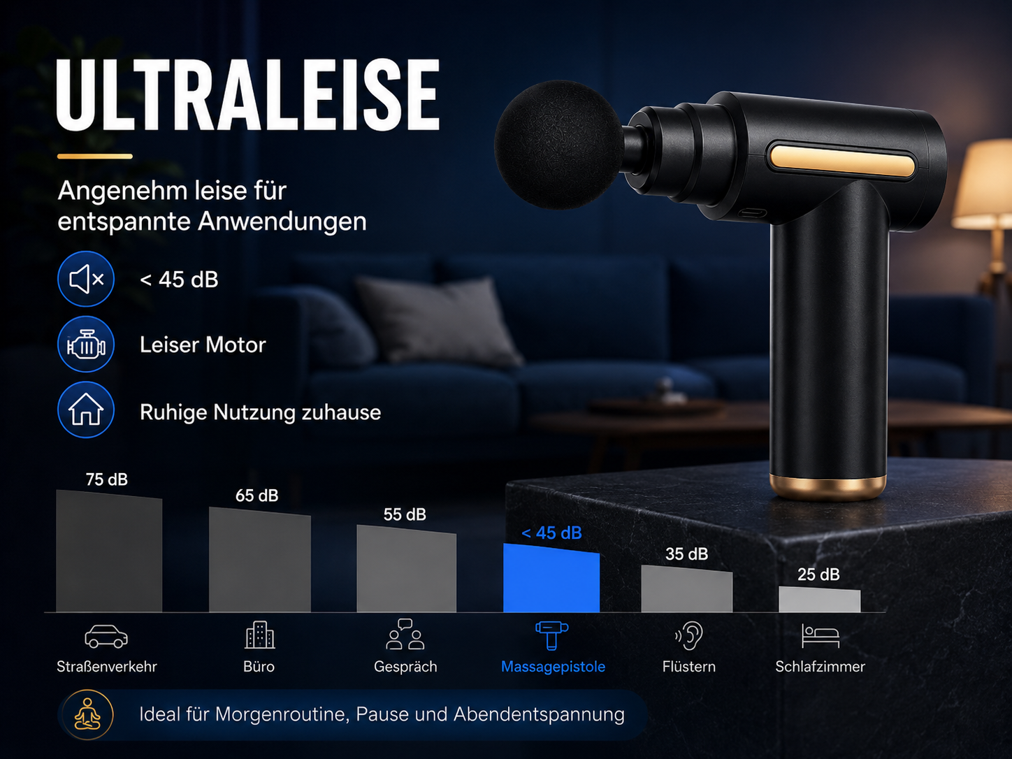 Schwarze Massagepistole mit Massagekopf, leise (<lt/>45 dB) für entspannte Anwendungen.
