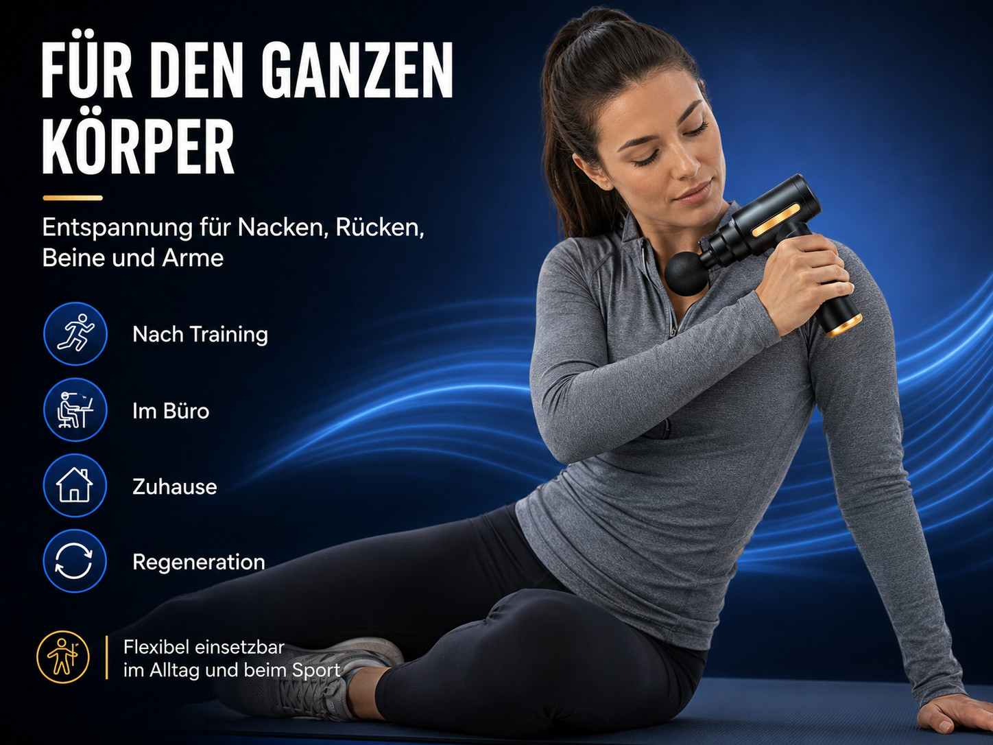 Eine Frau benutzt eine Massagepistole für ihren Nacken, mit deutschen Texten daneben.