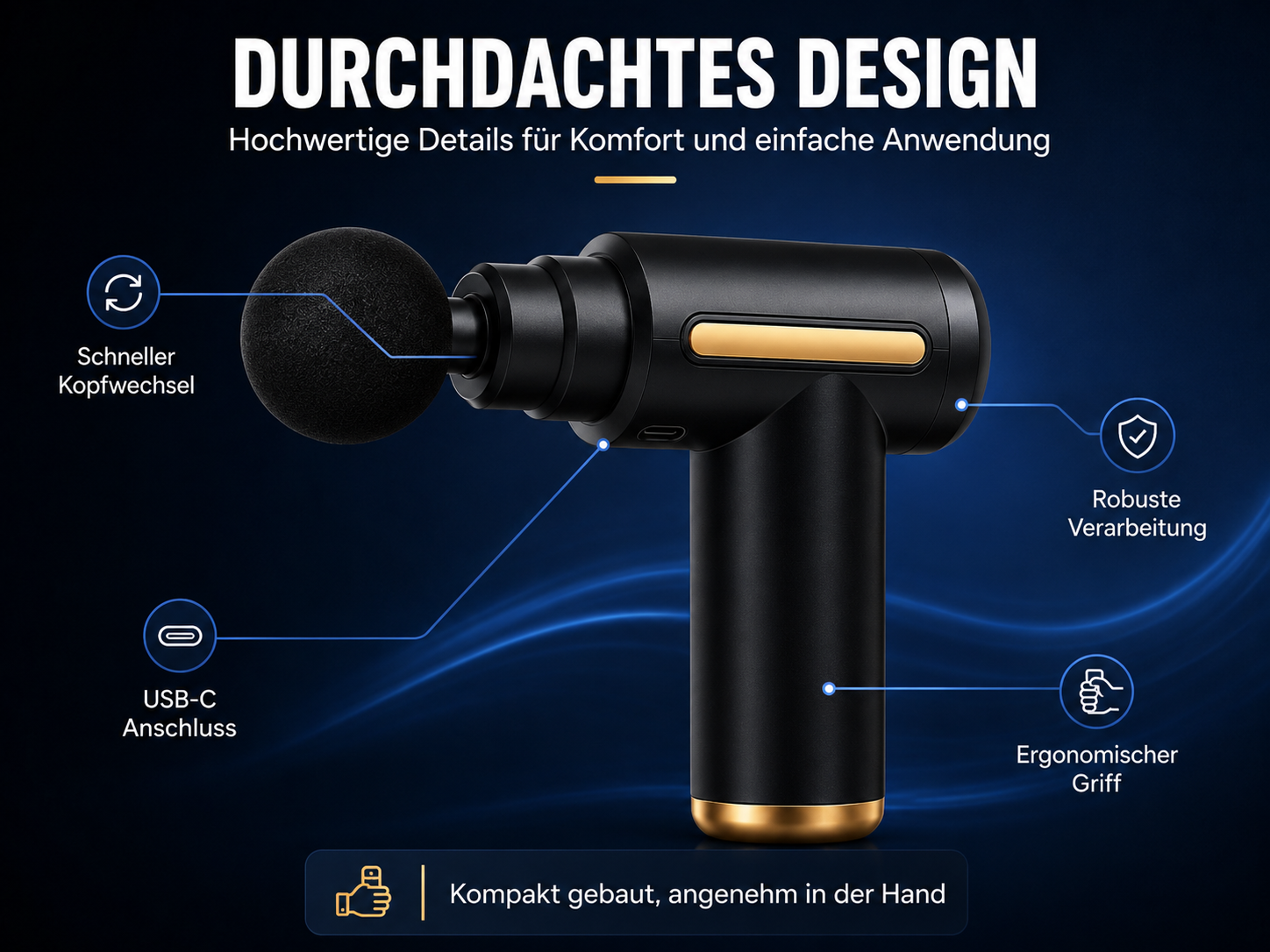 Schwarze Massagepistole mit Goldakzenten, zeigt USB-C-Anschluss, schnellen Kopfwechsel, Griff.