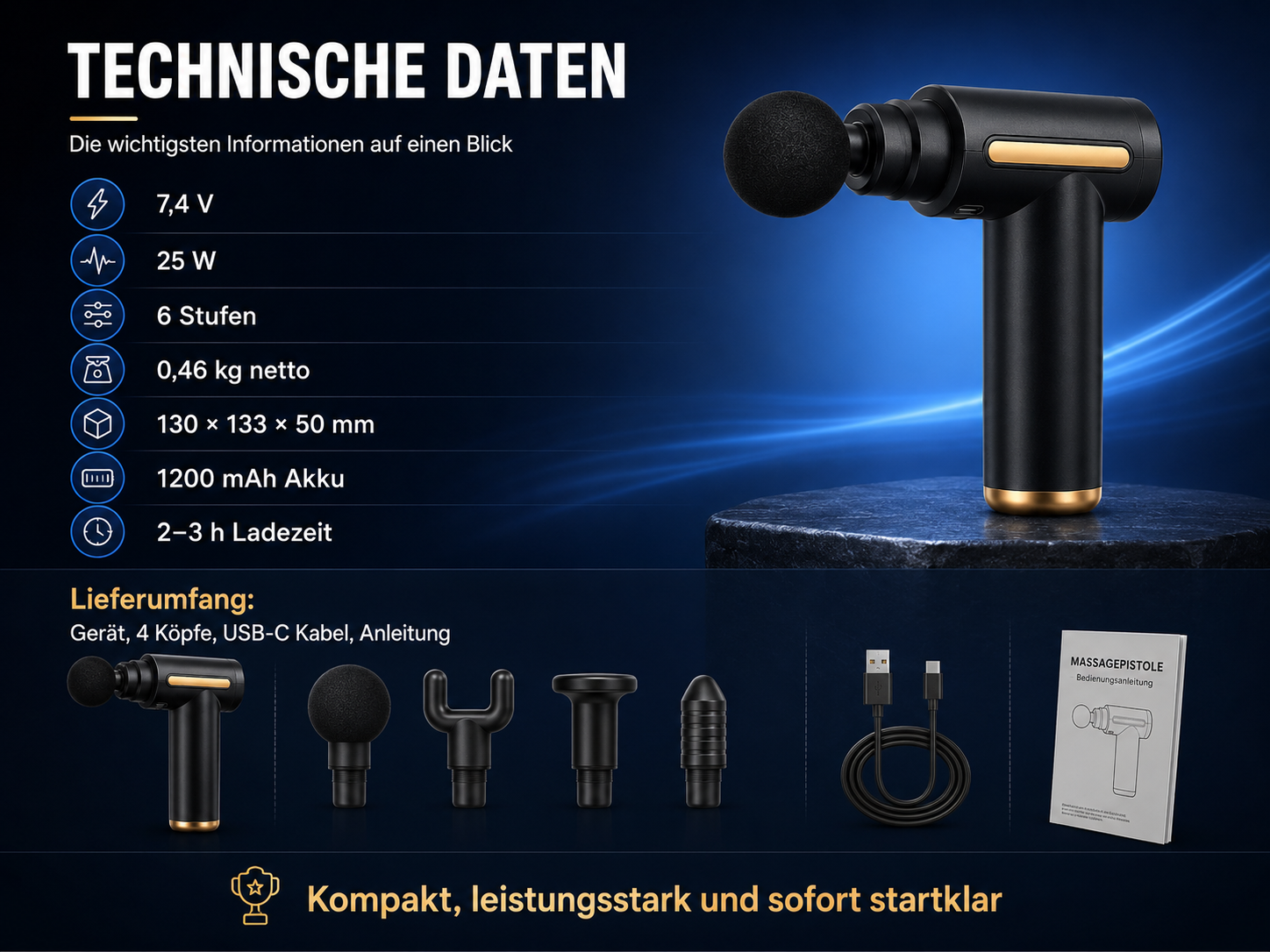 Technische Daten und Zubehör einer Massagepistole, inklusive Maße und Akku.