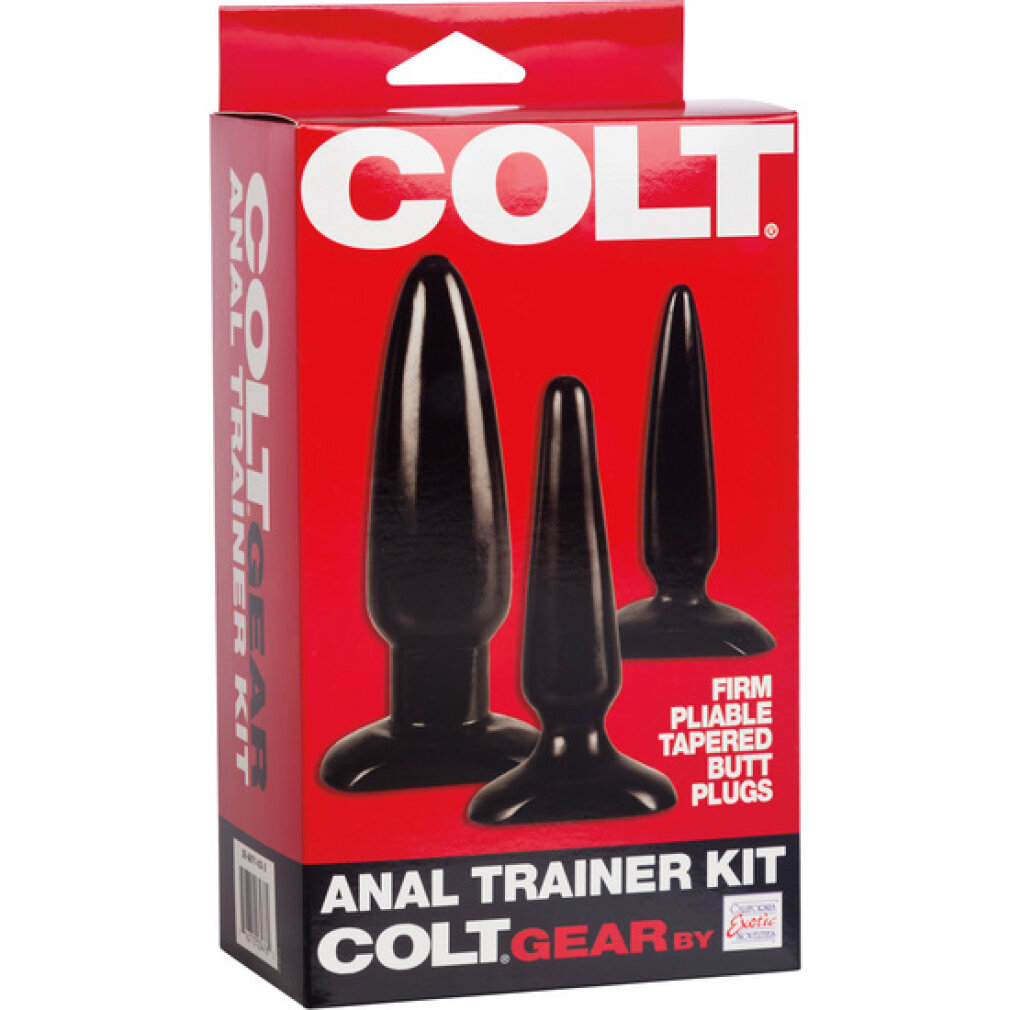 Rote Schachtel mit "COLT" Schriftzug und drei schwarzen Analtrainern.