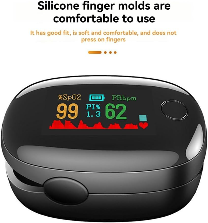 Schwarzes Pulsoximeter zeigt 99% SpO2, 1,3 PI% und 62 bpm an.