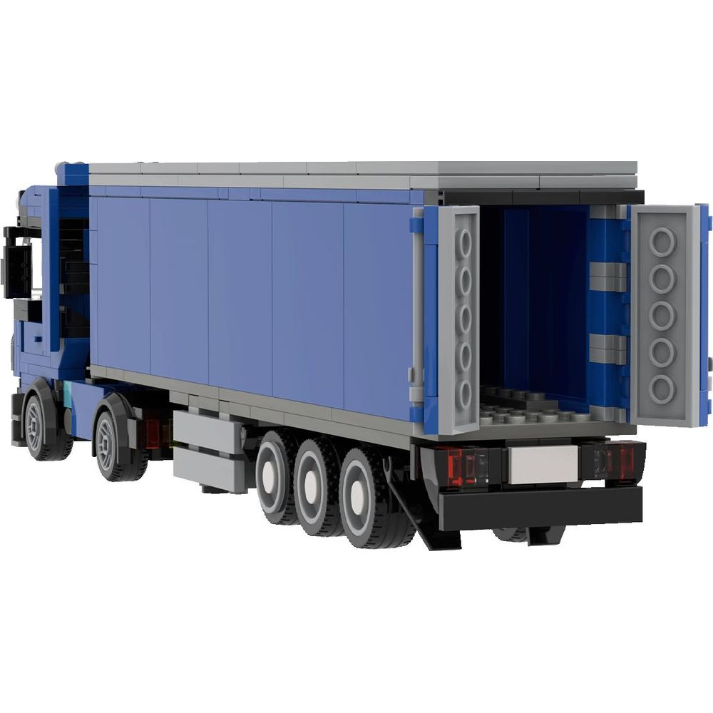 Un camion Lego bleu aux portes arrière ouvertes, sur fond blanc.
