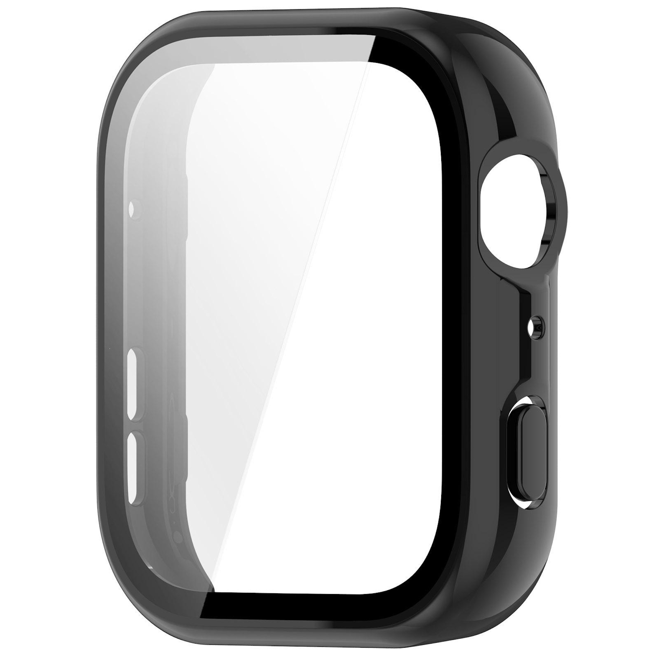 Custodia protettiva nera e arrotondata per smartwatch con ritaglio schermo.