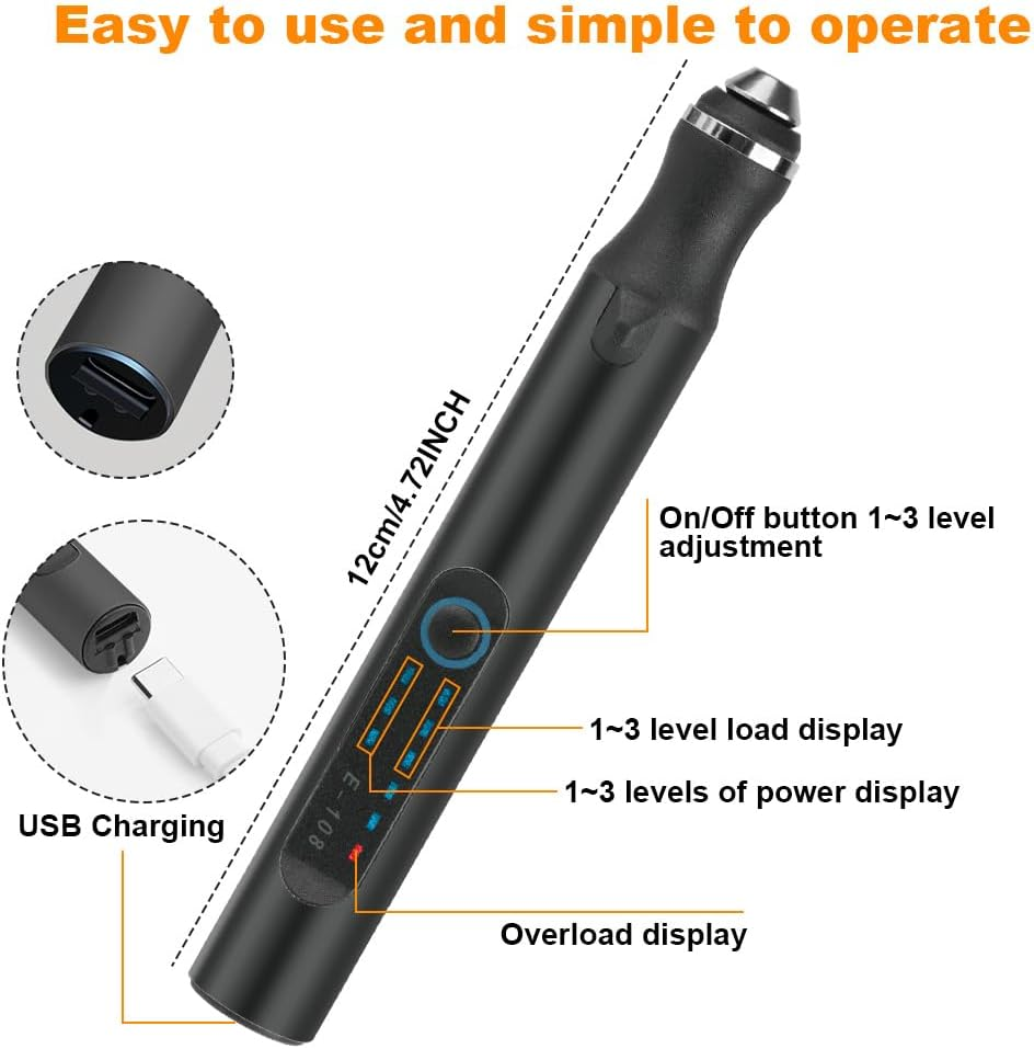 Schwarzer elektrischer Stift mit USB-Ladeanzeigen, ein-/aus-Taste und Pegelanzeige.