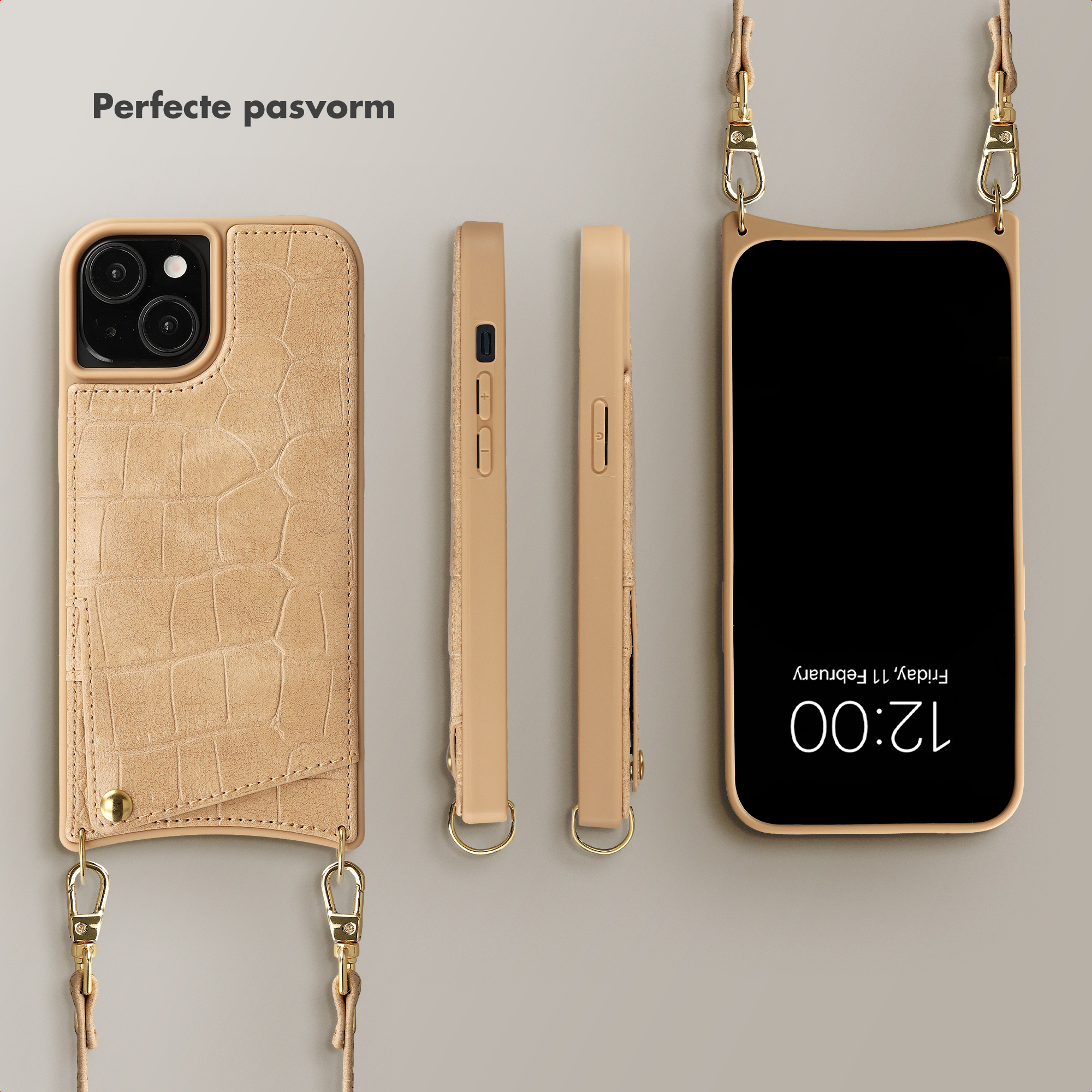 Beige iPhone hoesje met krokodillenleren textuur, drie weergaven en draagband.
