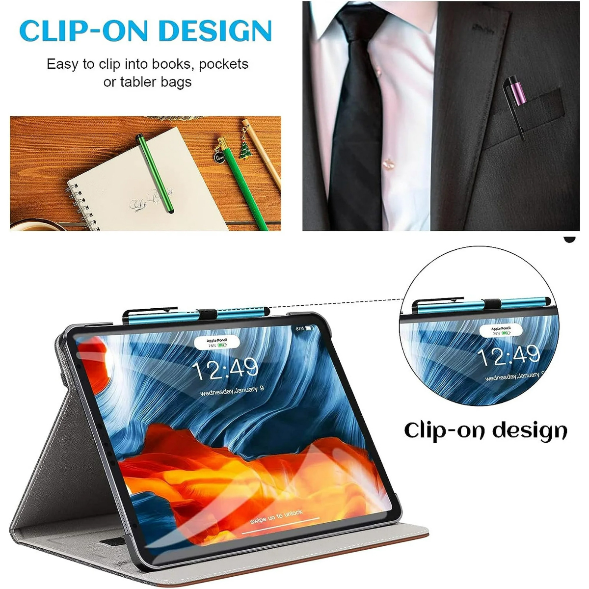 Produkt zeigt ein Clip-On-Design für Stifte, befestigt an einem Tablet und einer Anzugtasche.
