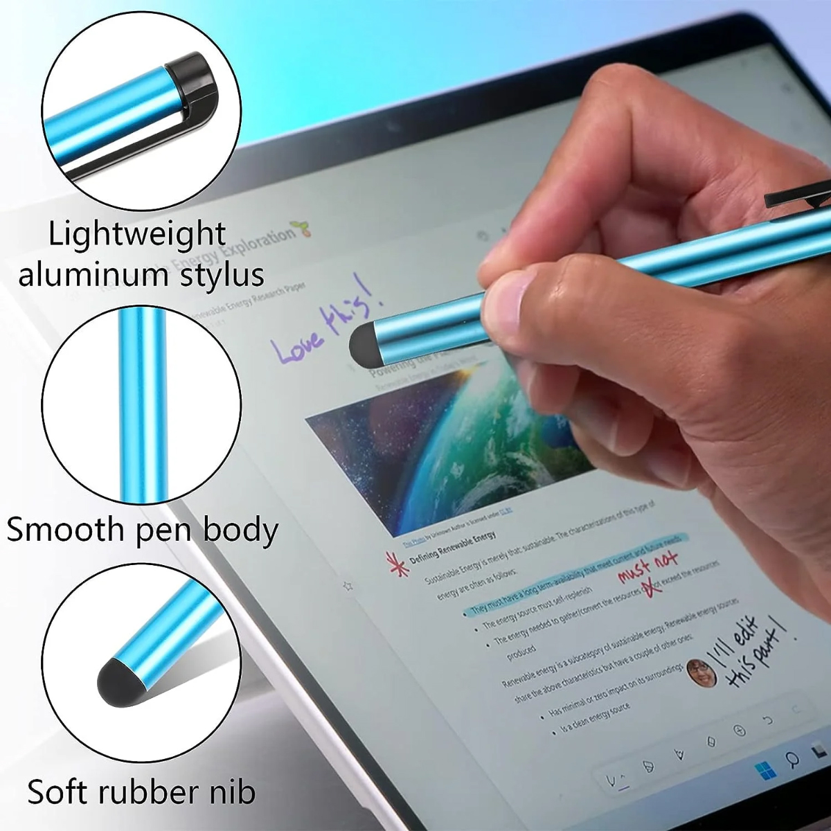 Eine Hand benutzt einen blauen Stylus auf einem Tablet, um Notizen zu machen.