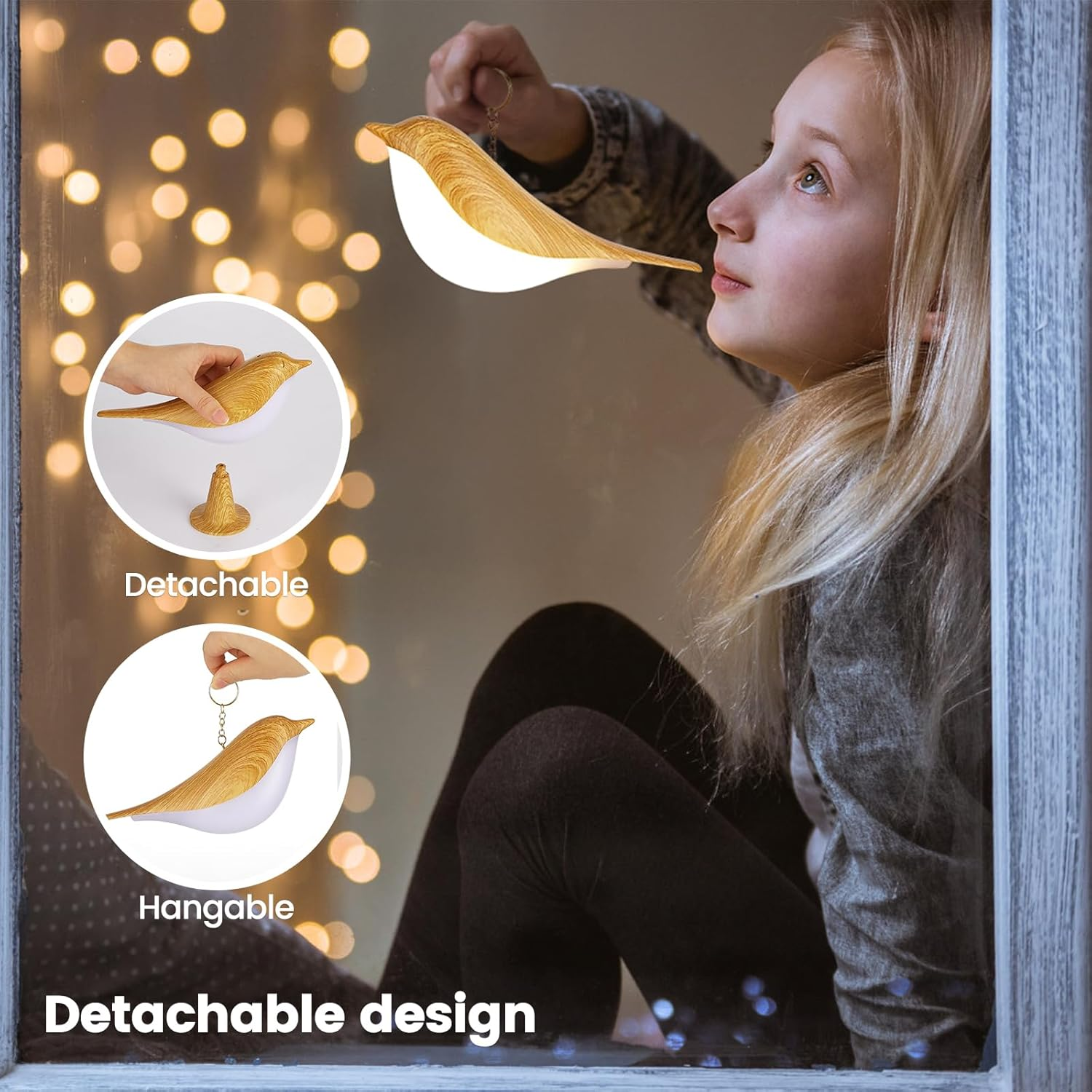 Ein Mädchen blickt auf eine hölzerne Vogel-Lampe mit abnehmbarem Sockel und Kette.