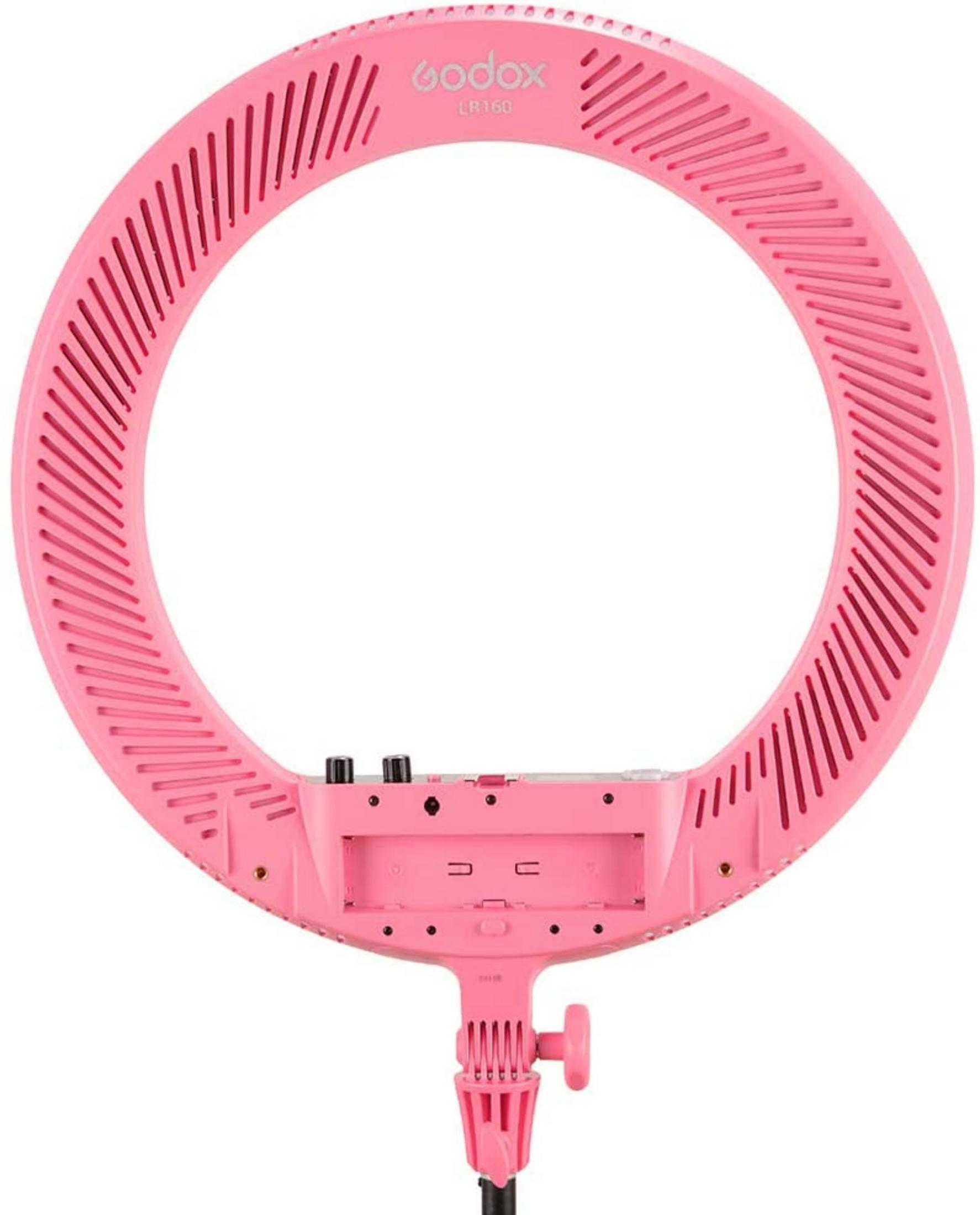 Ein rosafarbener Ringlicht-Diffusor mit Lüftungsschlitzen und Bedienelementen.