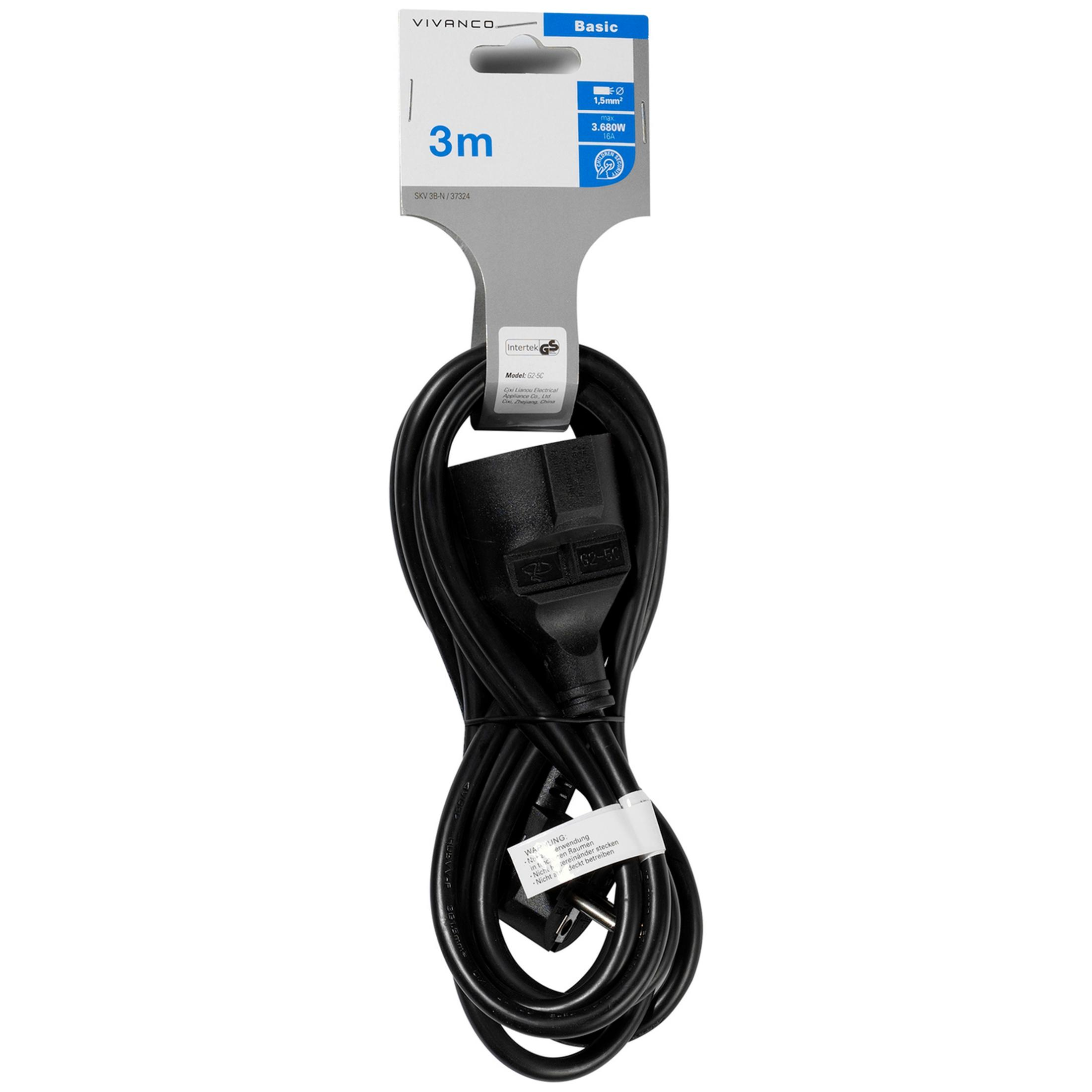 Ein schwarzes 3m Stromkabel mit Stecker und Buchse, verpackt.