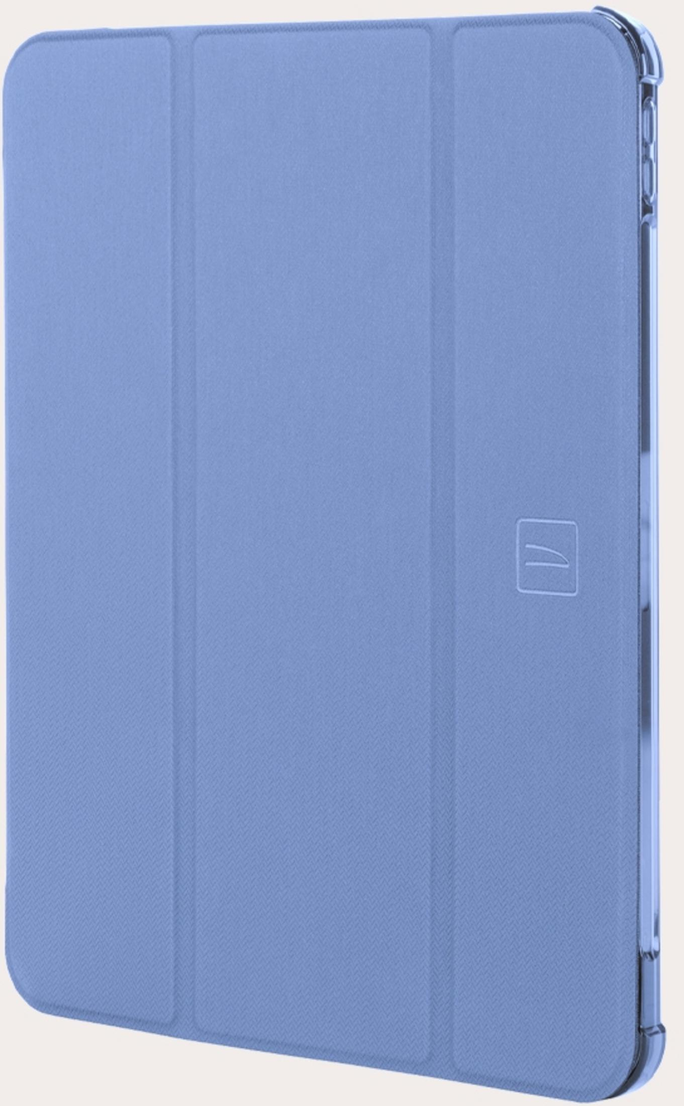 Una custodia blu per tablet con logo. La custodia ha tre sezioni pieghevoli.