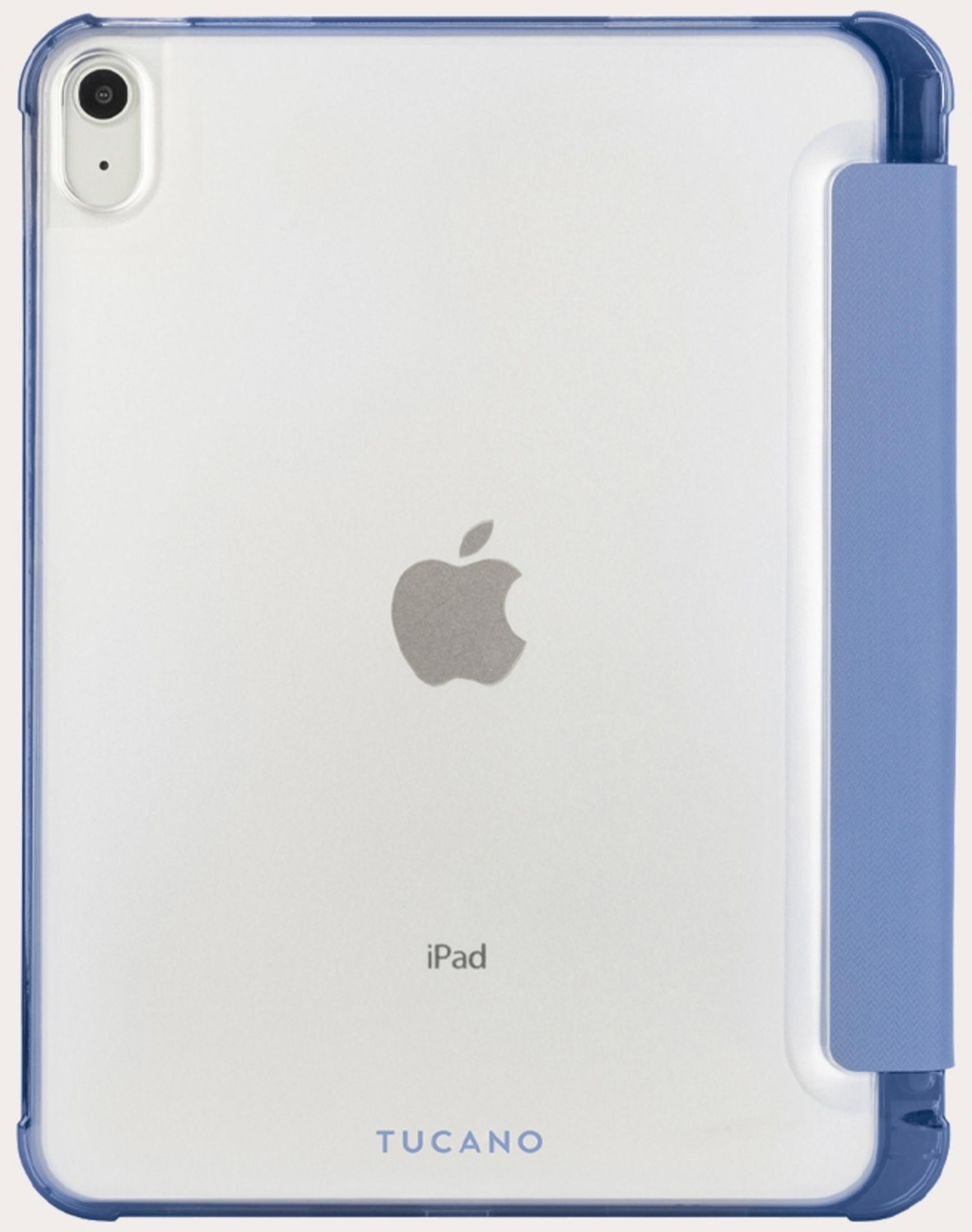 Una custodia trasparente per iPad con bordo e patta blu.
