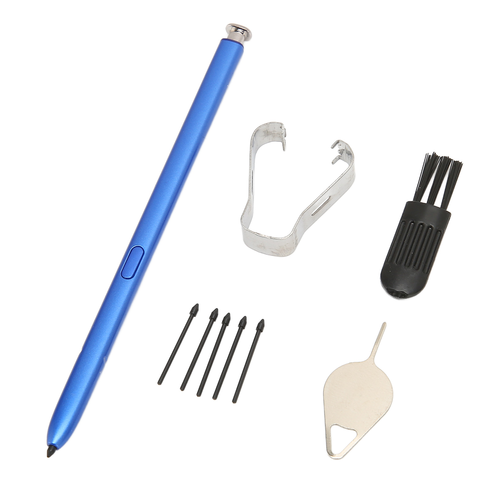 Ein blauer Stift mit Ersatzspitzen, einem SIM-Ejektor-Werkzeug und einer kleinen Reinigungsbürste.
