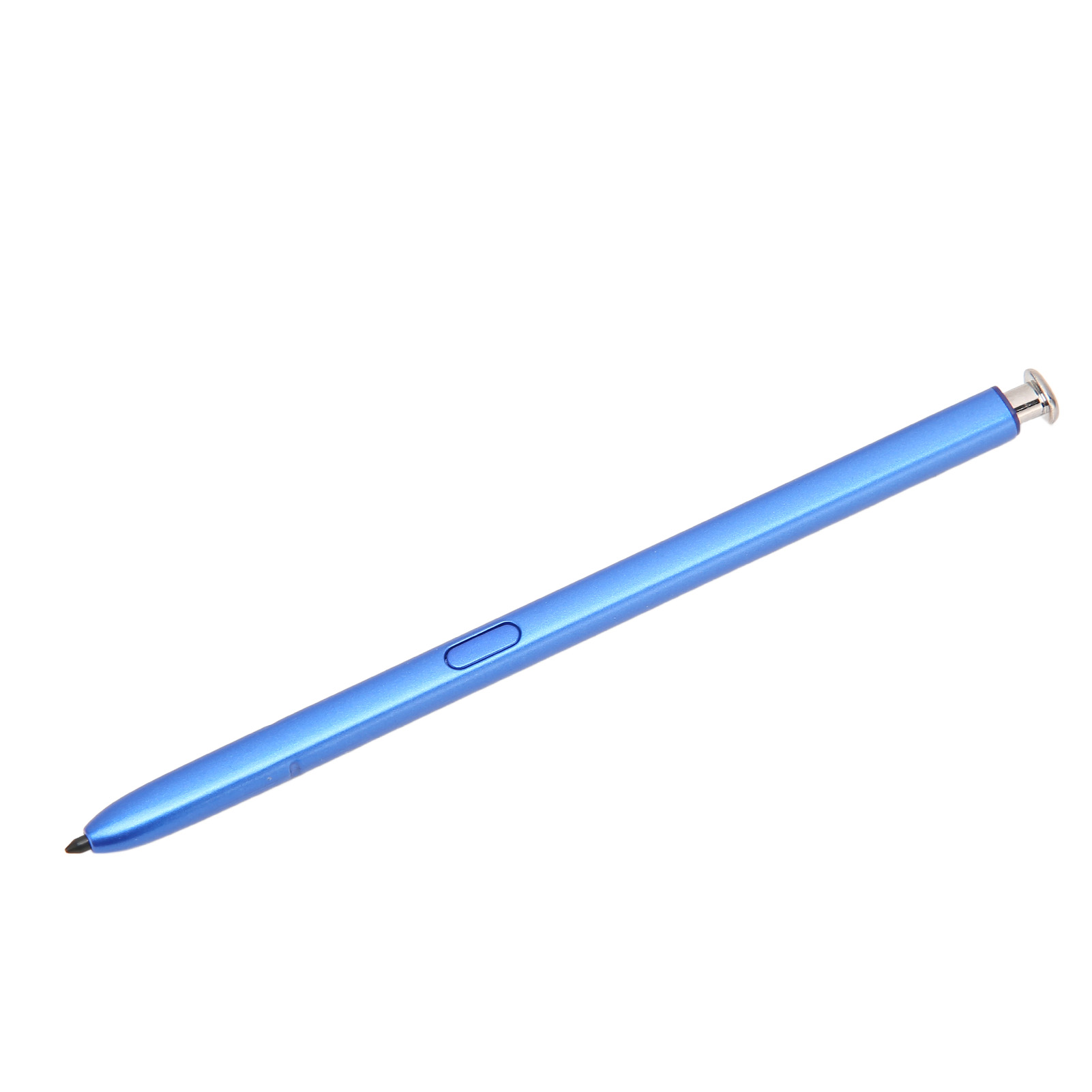 Ein blauer Stift mit einem silbernen Knopf am Ende, auf weißem Hintergrund.