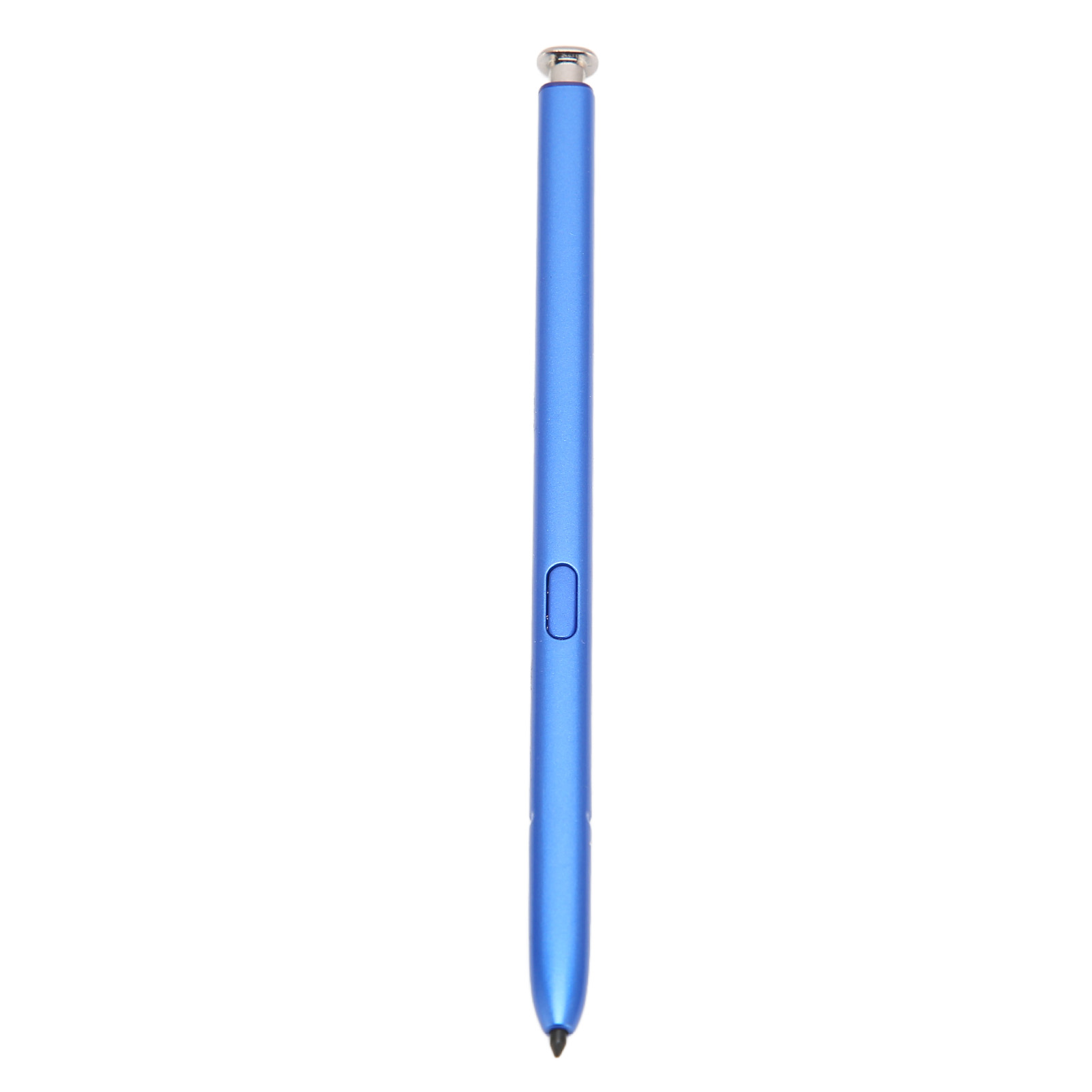Ein blauer Stift mit einem silbernen Knopf oben, auf weißem Hintergrund.