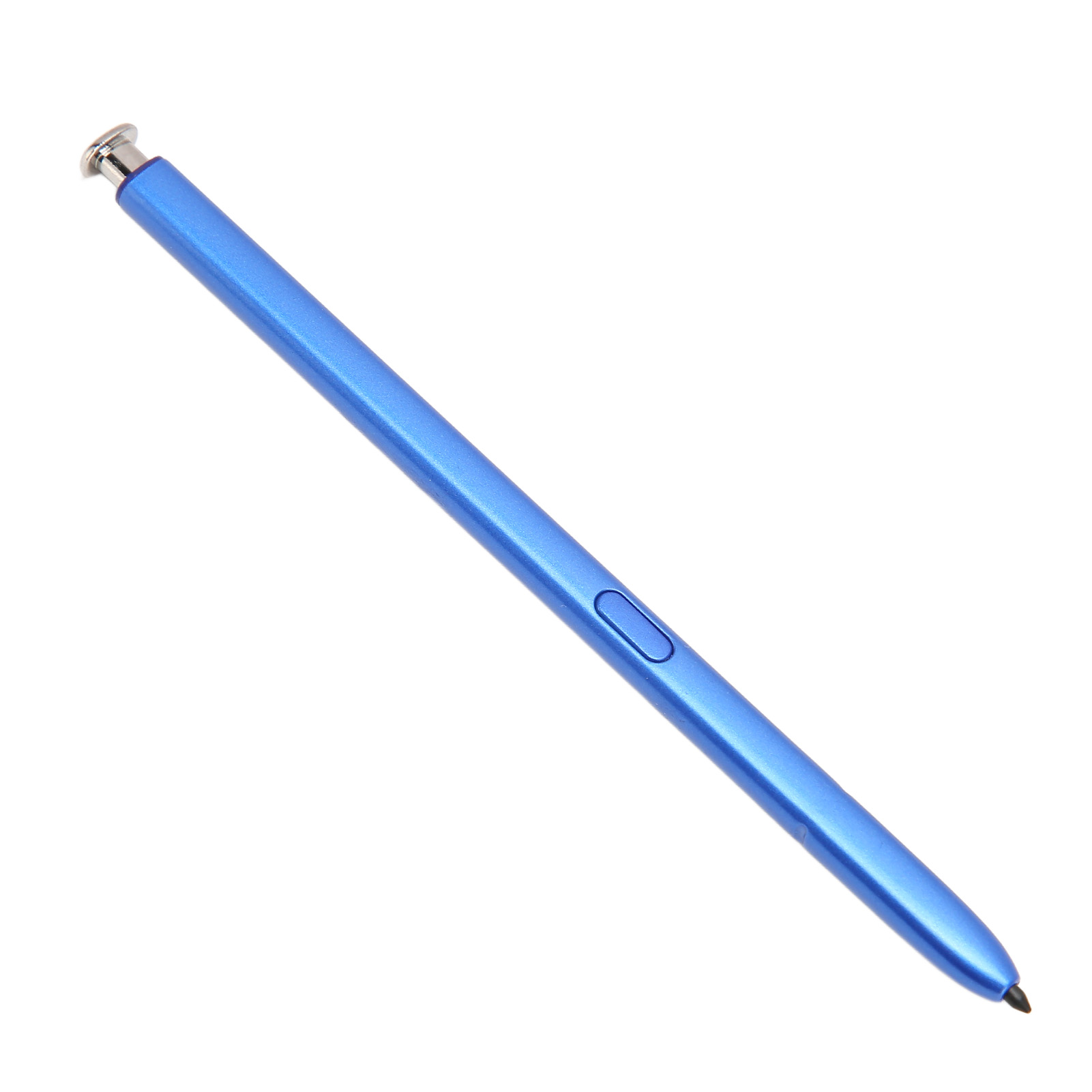Ein blauer Stylus-Stift mit silberner Spitze und einer Taste.