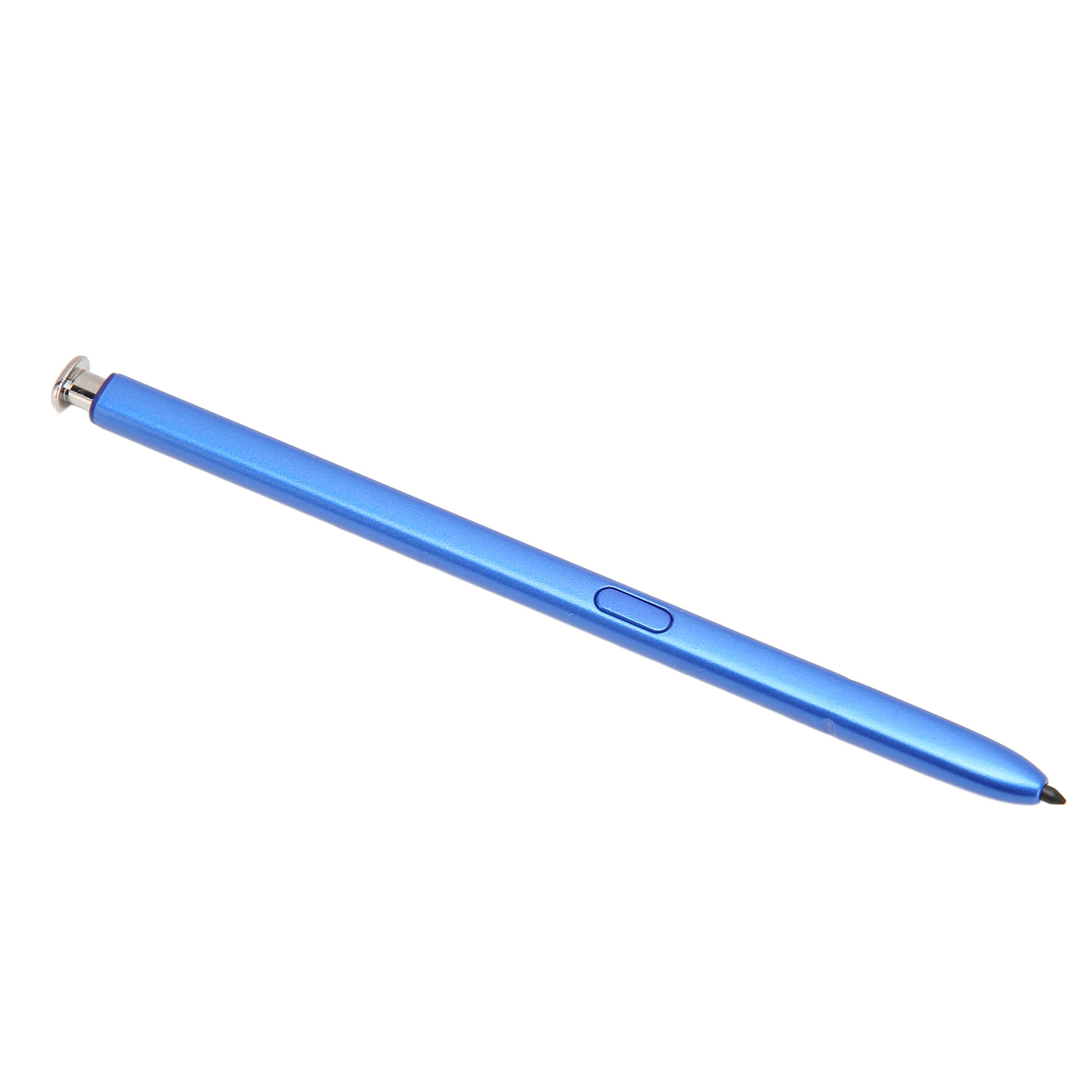 Ein blauer Stift mit einem silbernen Knopf am oberen Ende.