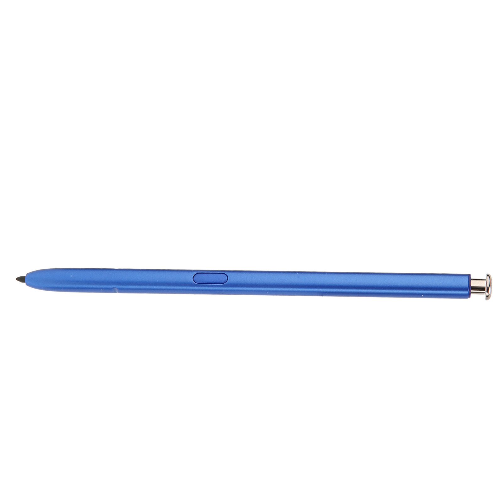 Ein blauer Stift mit einem Knopf, auf weißem Hintergrund.