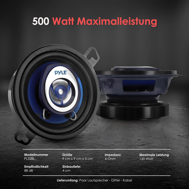 Zwei Pyle Lautsprecher mit 500 Watt Maximalleistung, schwarzem Rahmen und blauer Membran.
