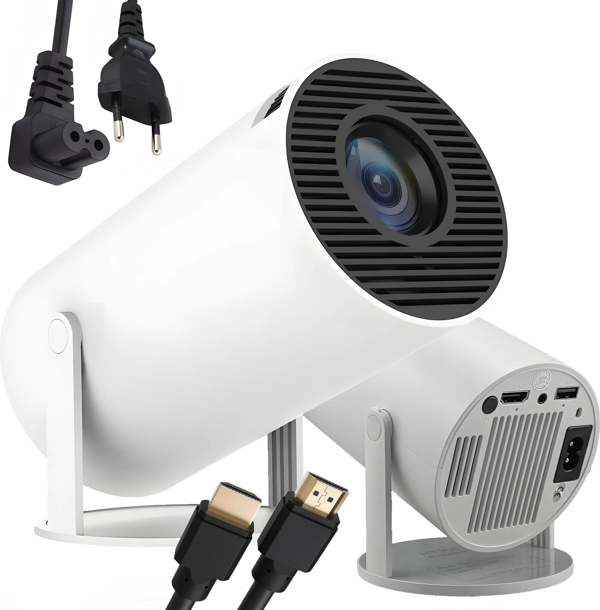 Zwei weiße Projektoren mit HDMI-Kabeln und Netzkabeln auf weißem Hintergrund.