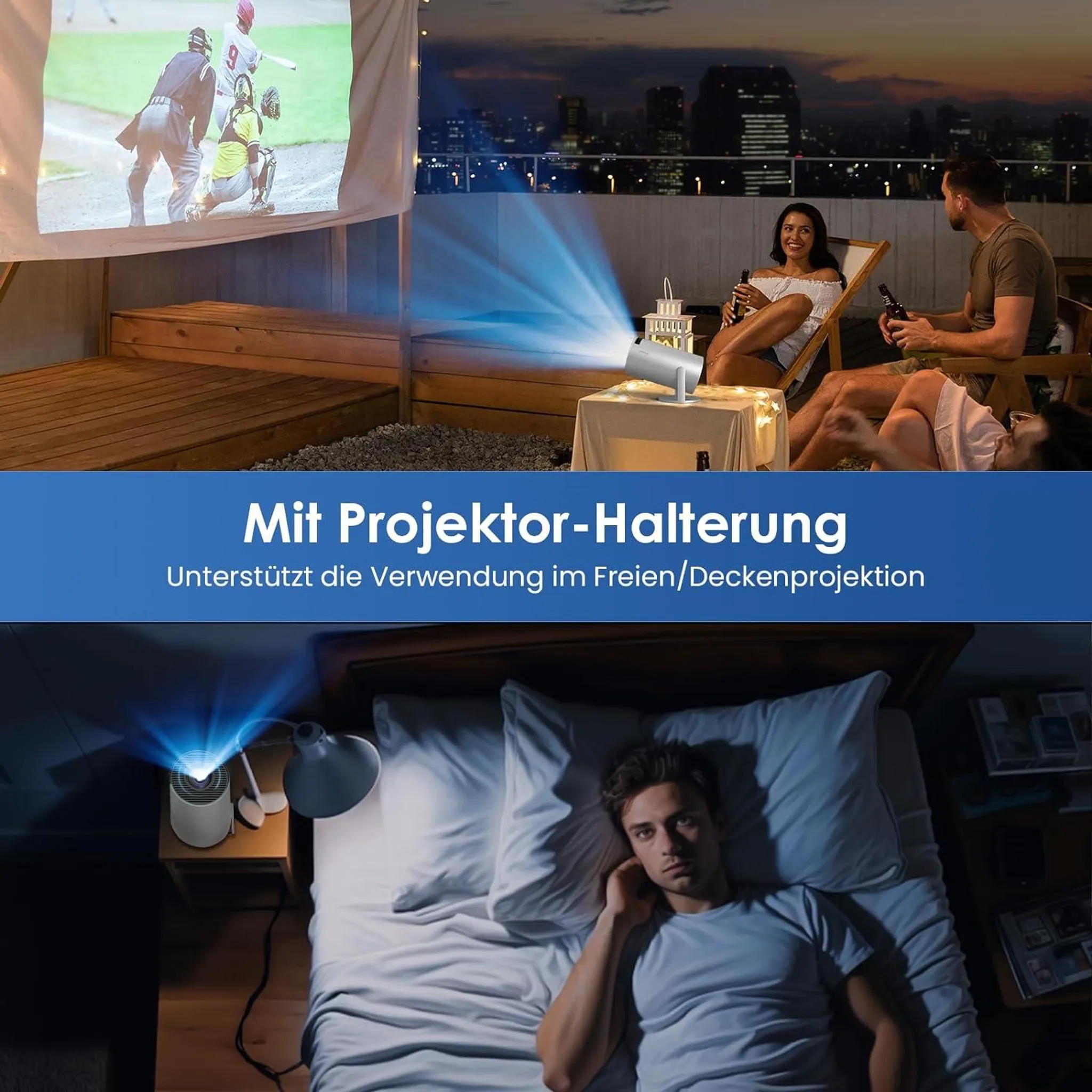 Projektor projiziert Baseballspiel und filmt Leute auf Dachterrasse und Mann im Bett.