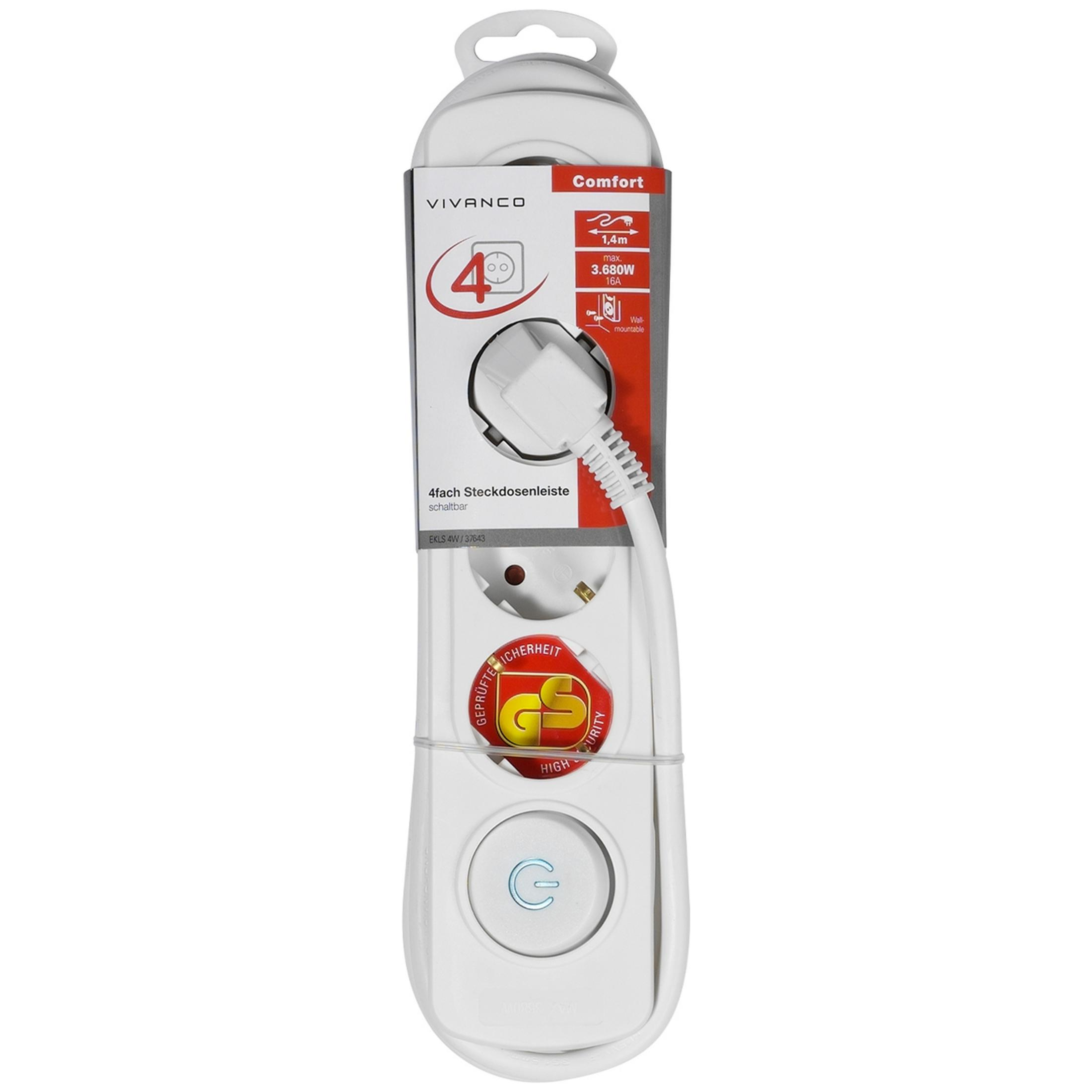 Regleta blanca de 4 enchufes, interruptor y sello GS.