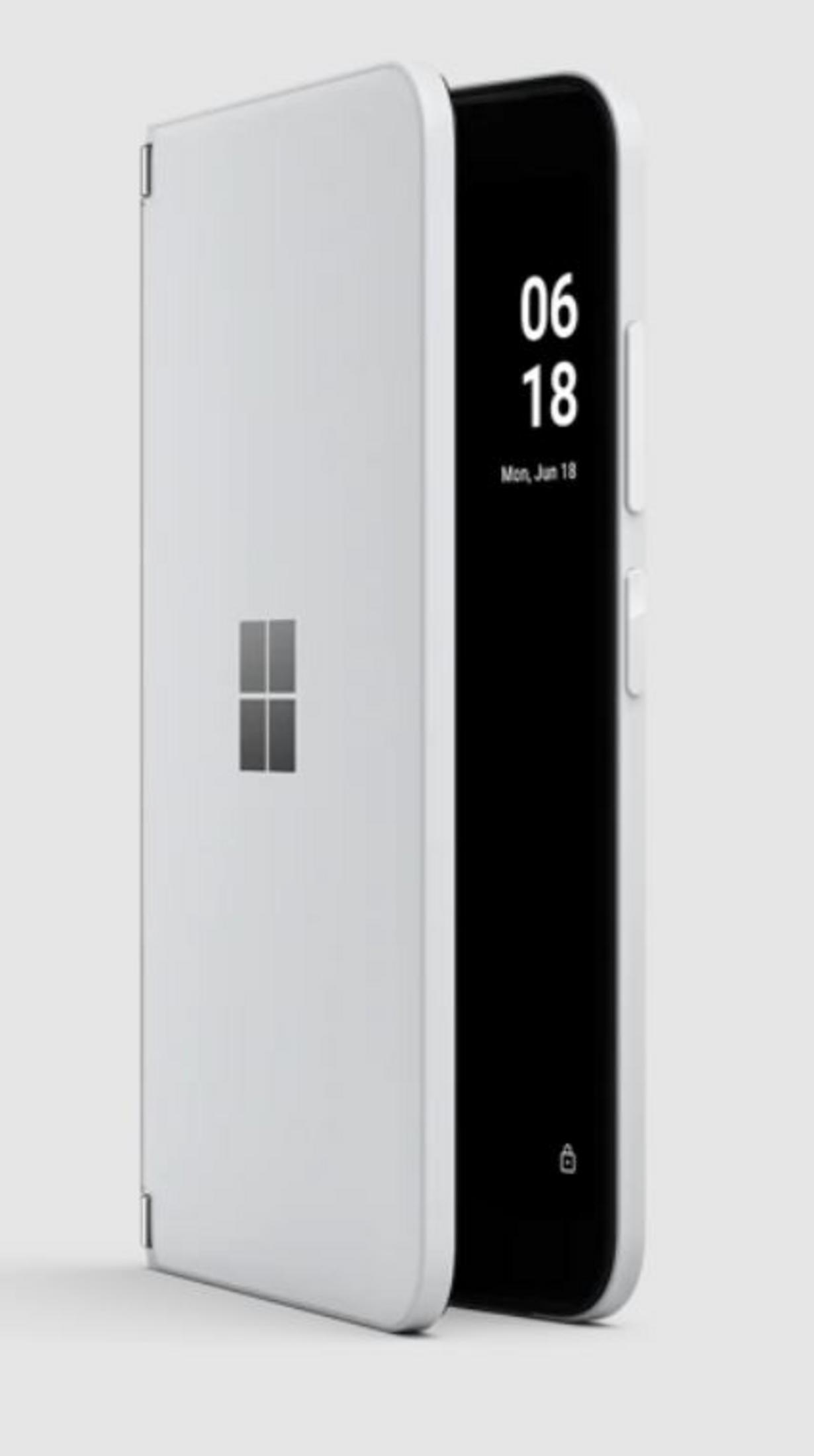 Ein weißes Microsoft Duo mit einem dunklen Bildschirm, der 06 18 anzeigt.