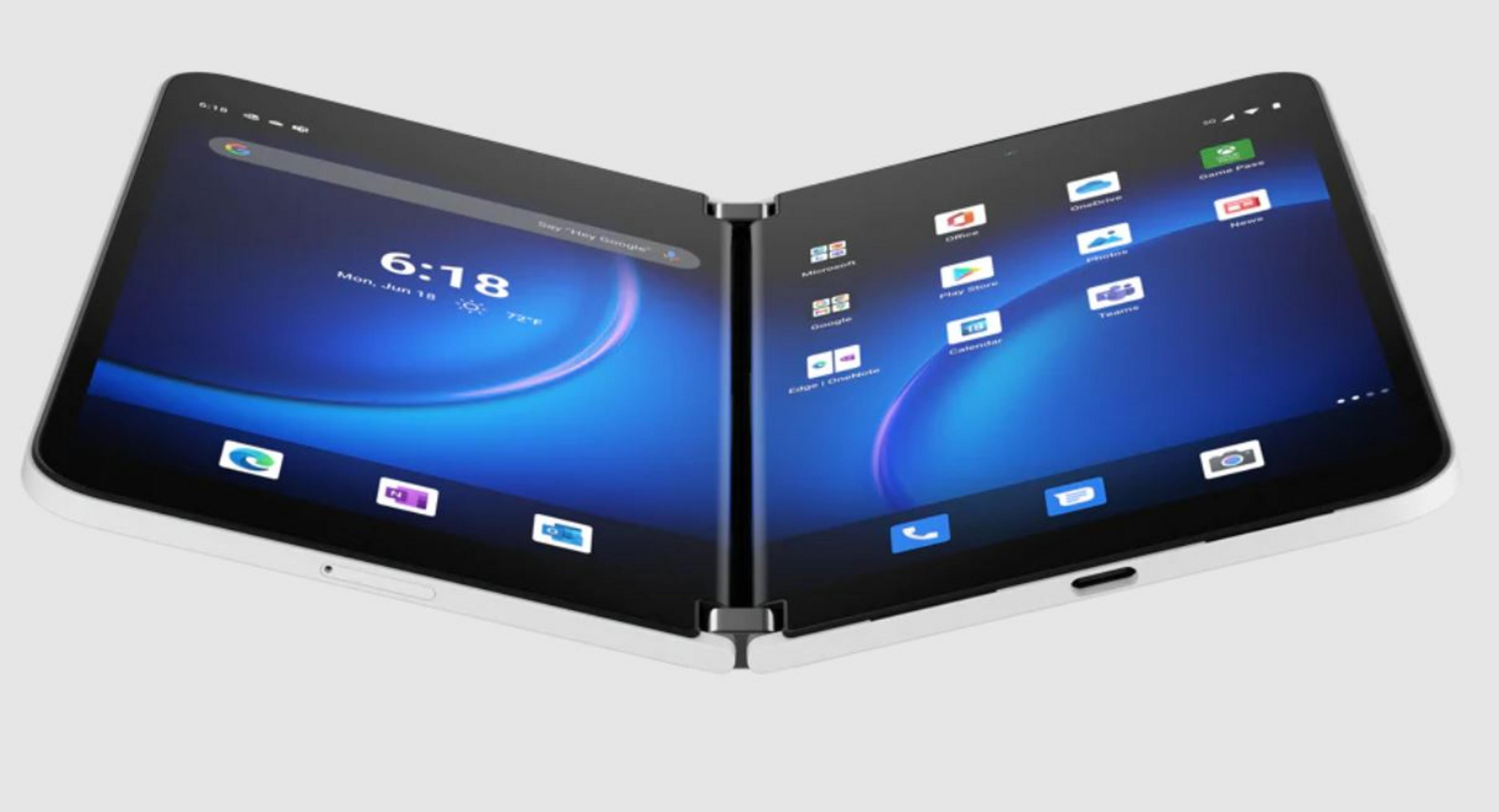 Ein geöffnetes faltbares Smartphone mit blauen Hintergründen und App-Symbolen.
