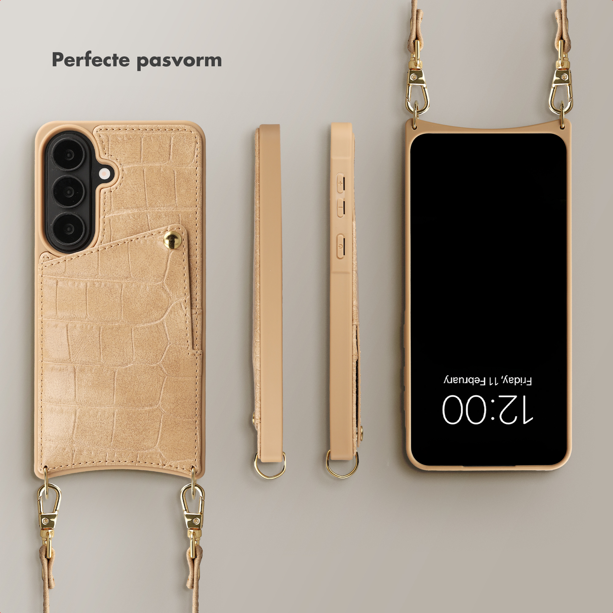 Une coque de téléphone beige gaufrée crocodile avec une lanière.