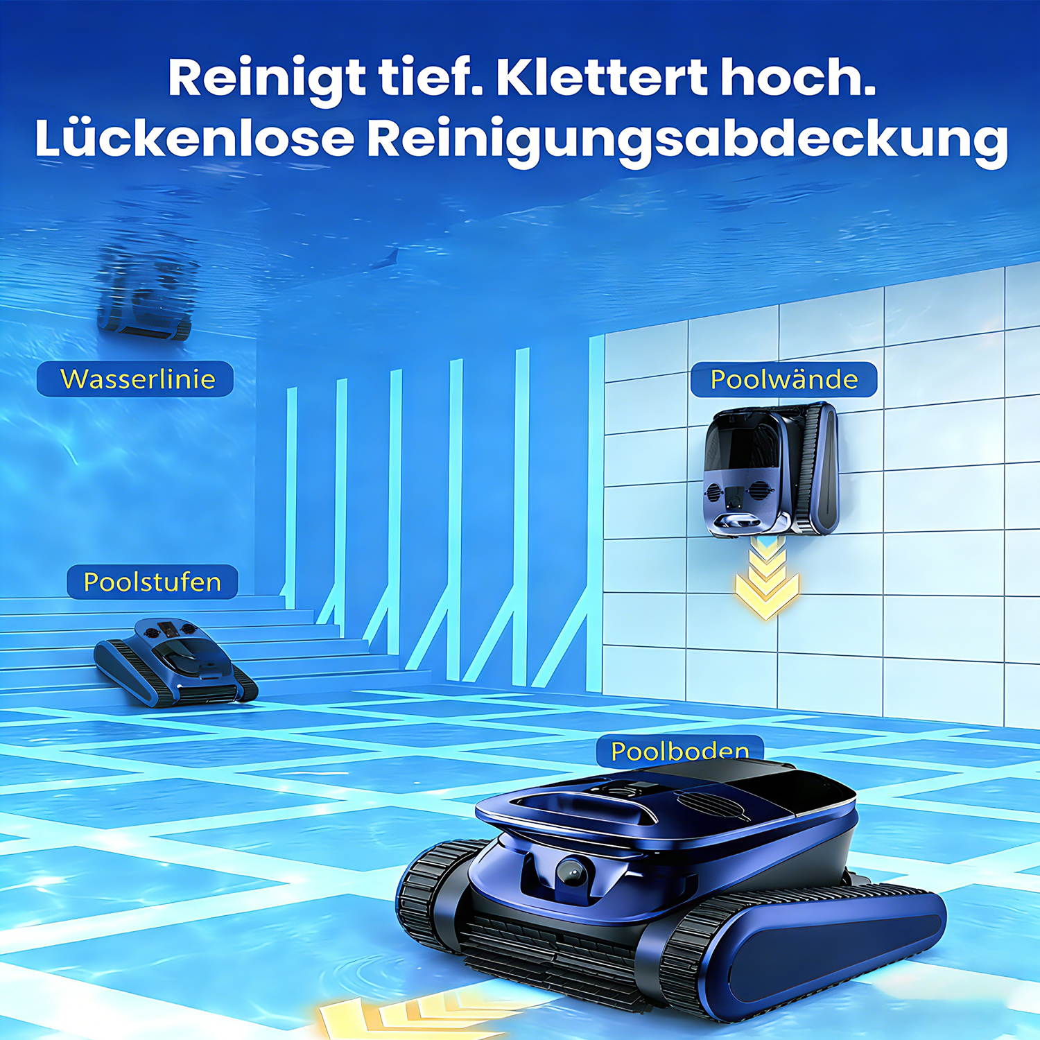 Ein blauer Poolroboter reinigt den Poolboden, die Stufen und die Wände.