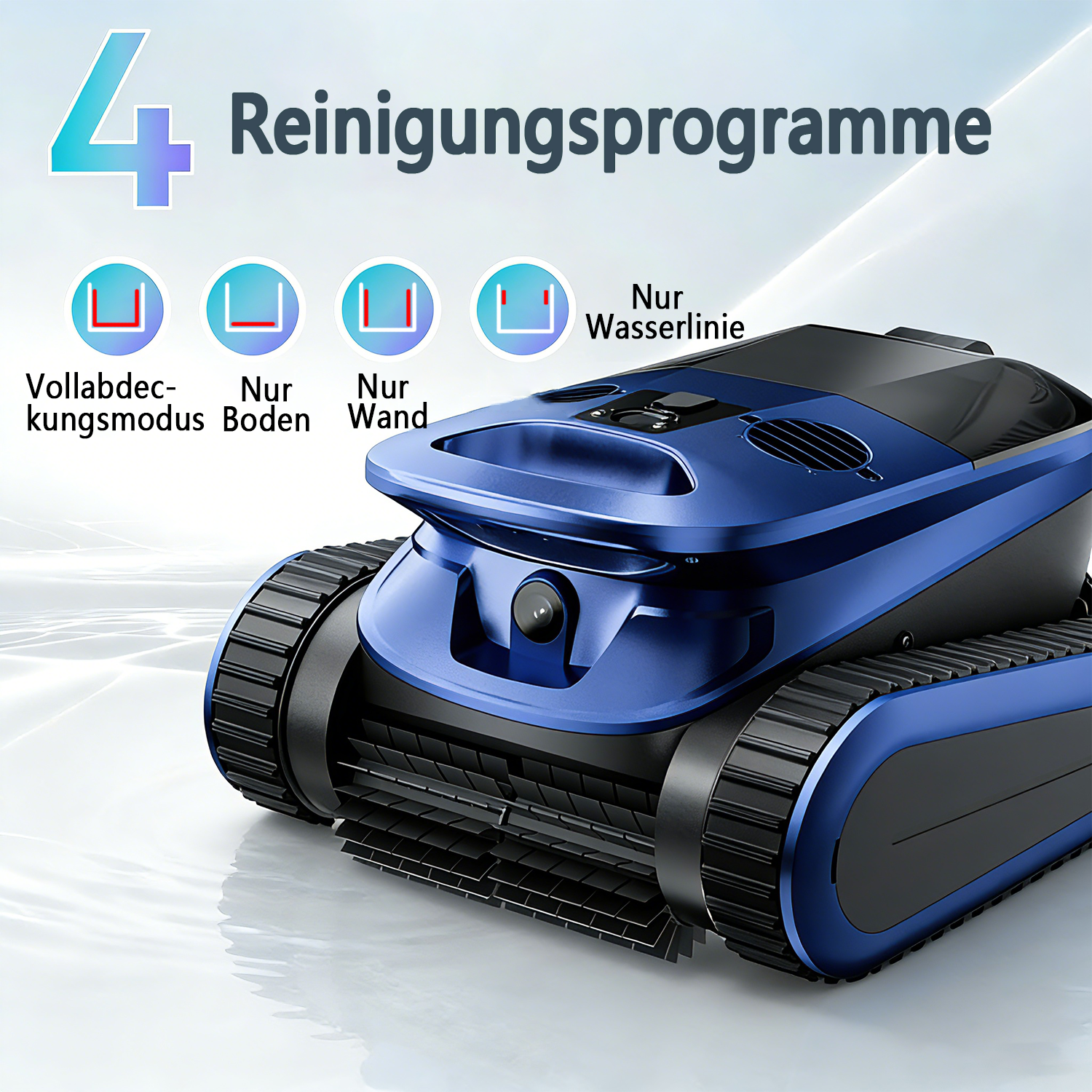 Ein blauer Poolroboter mit 4 Reinigungsprogrammen: Vollabdeckung, Boden, Wand, Wasserlinie.