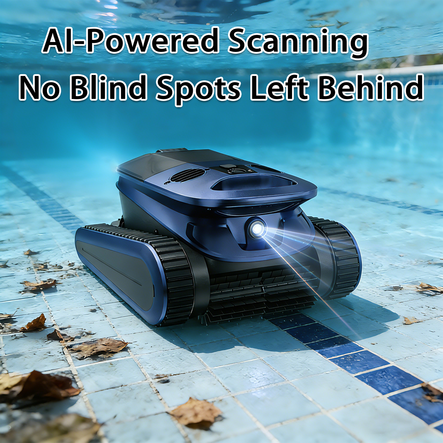 Ein blauer Roboter-Poolreiniger mit Ketten ist in einem Pool untergetaucht und scannt mit seinem Licht.