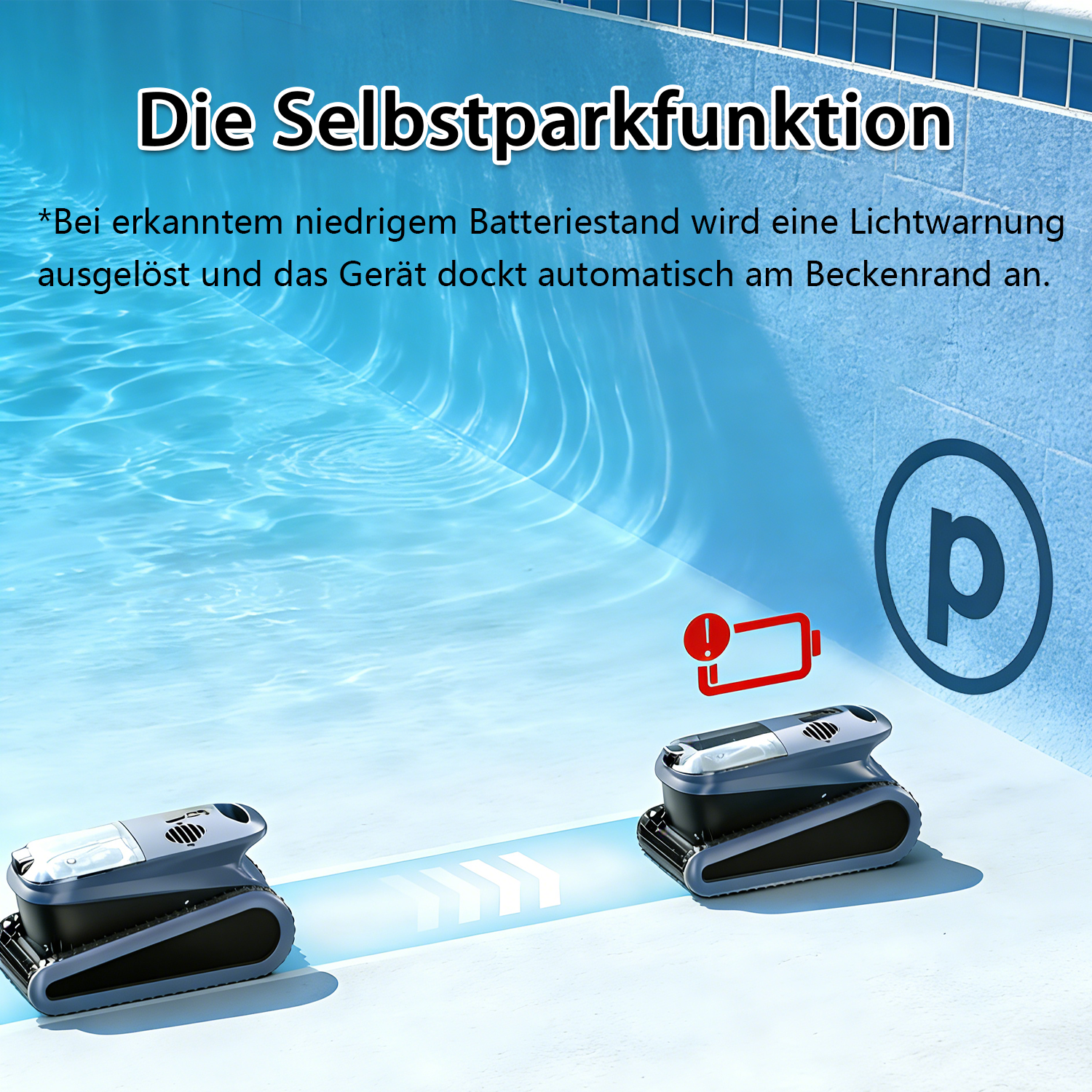 Ein Poolroboter mit niedrigem Batteriestand dockt am Beckenrand an.