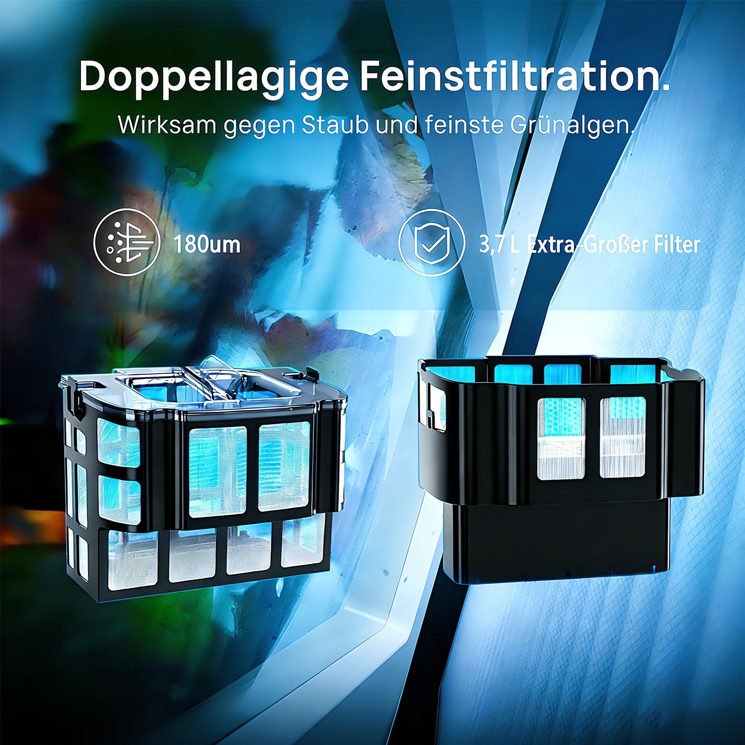 Zwei Filtereinheiten für 180um Filtration und 3,7L Kapazität.