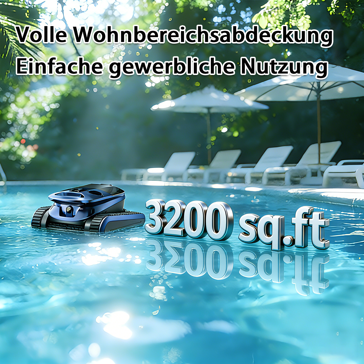 Ein blauer Poolroboter schwimmt im Pool. Liegen und Sonnenschirme im Hintergrund.