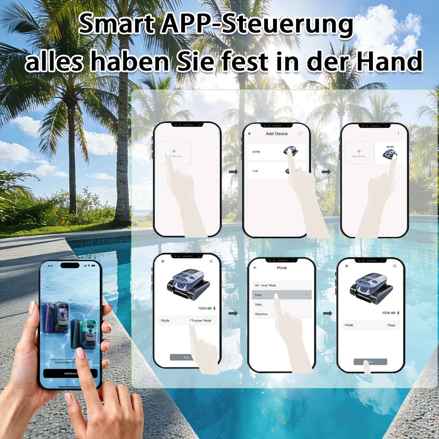 Screens zeigen Poolroboter-App-Steuerung: Gerät hinzufügen, Modus wählen.